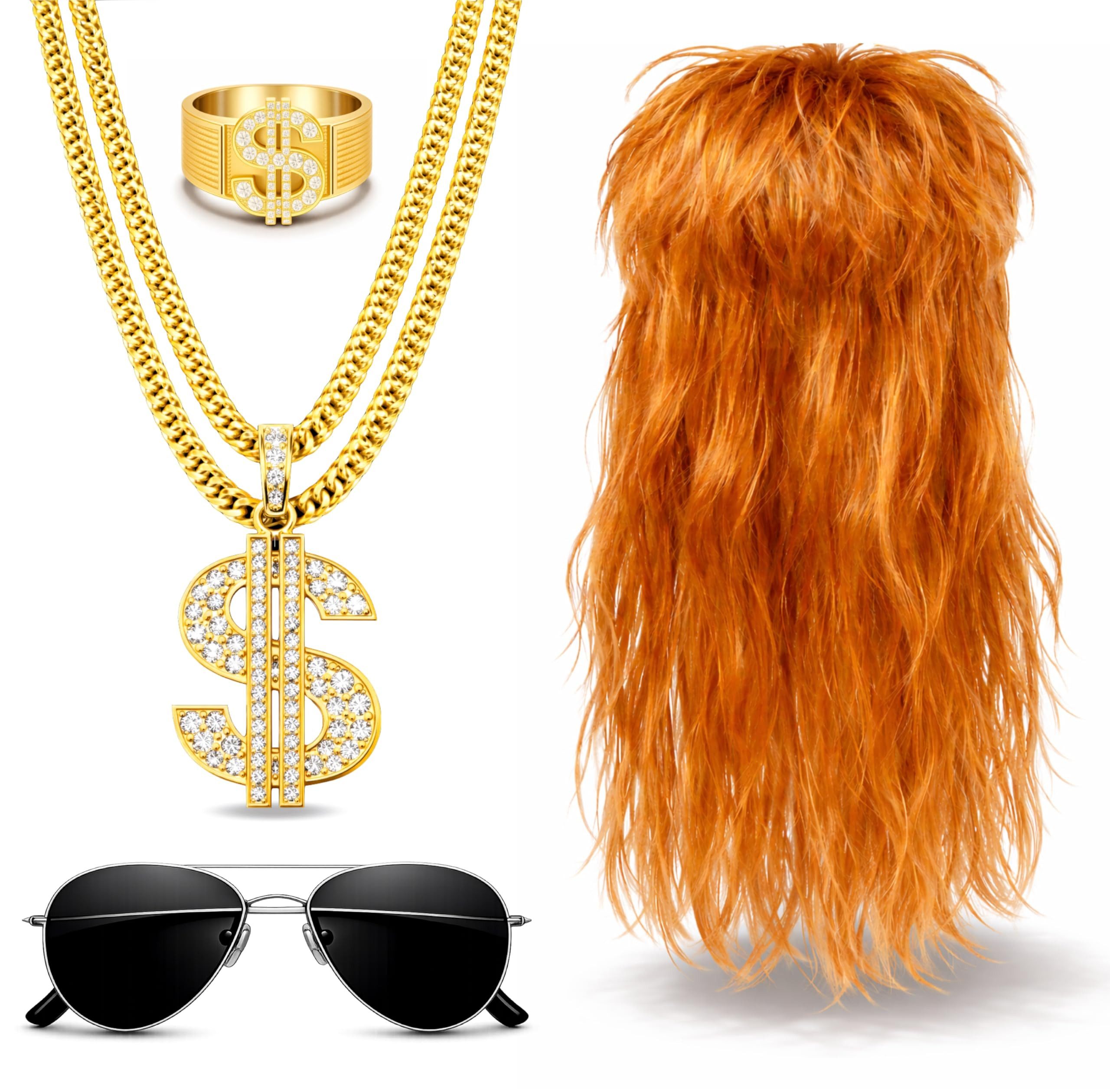 Kostümheld® Kostüm 4 in 1 Vokuhila Set mit Ring, Perücke, Goldkette, Brille - Fasching, unisex