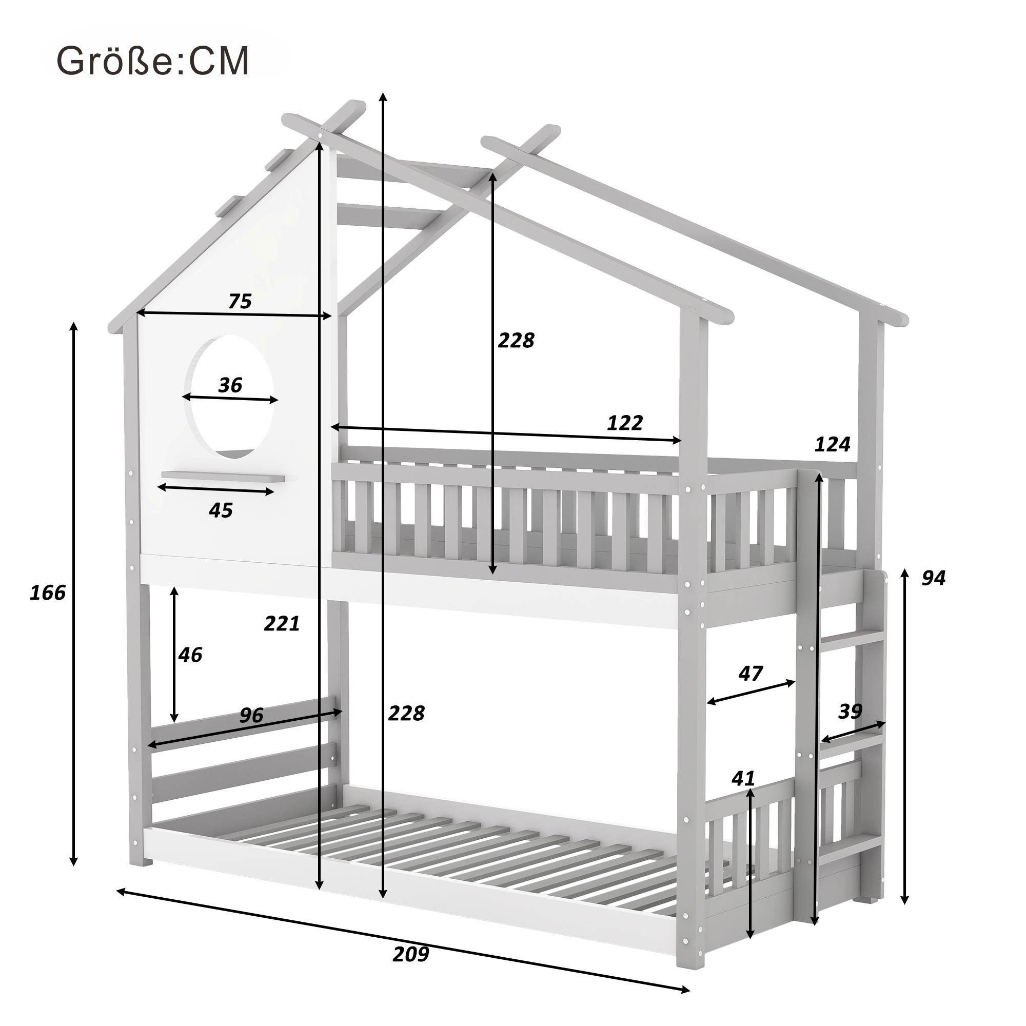 REDOM Bett Hausbett, Kinderbett, Ohne grau Fallschutz rechtwinkliger (mit Leiter mit mit Etagenbett Matratze Leiter), Barriere, und 90x200cm, rechtwinkliger