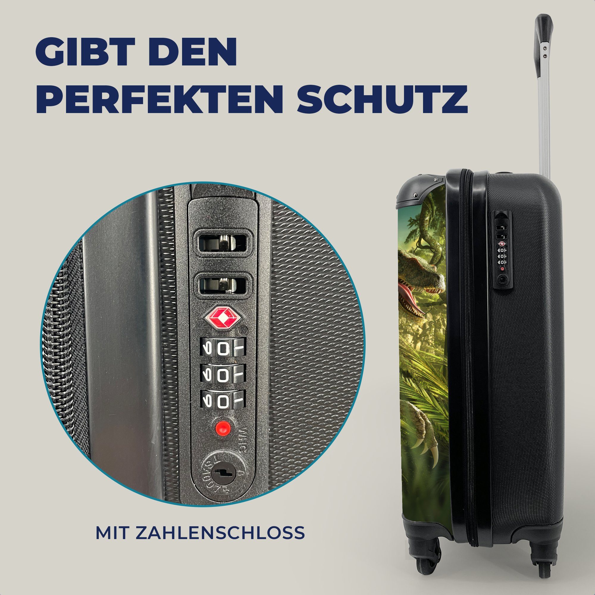 MuchoWow Handgepäckkoffer Dinosaurier - Pflanzen - Grün - Illustration - Kinder - Jungen, 4 Rollen, Reisetasche mit rollen, Handgepäck für Ferien, Trolley, Reisekoffer