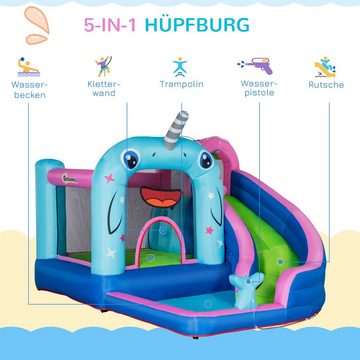 Outsunny Hüpfburg Wasserpark inkl. Sicherheitsnetz, Wasserrutsche Gebläse, (Wasserspielcenter, 1-tlg., Aufblasbare Spielburg), für Kinder 3 bis 8 Jahre