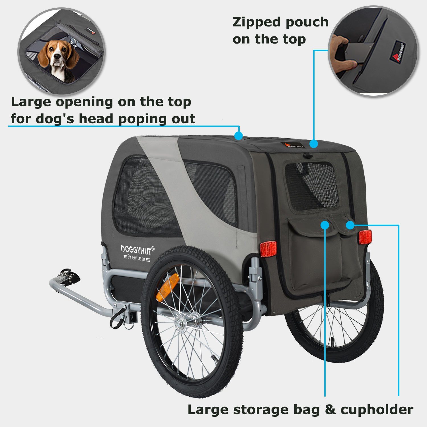 TIGGO Fahrradkinderanhänger DOGGYHUT® MEDIUM Hundefahrradanhänger Hundeanhänger Fahrradanhänger, Verstellbare Sicherheitsleine – Bild 3 von 5