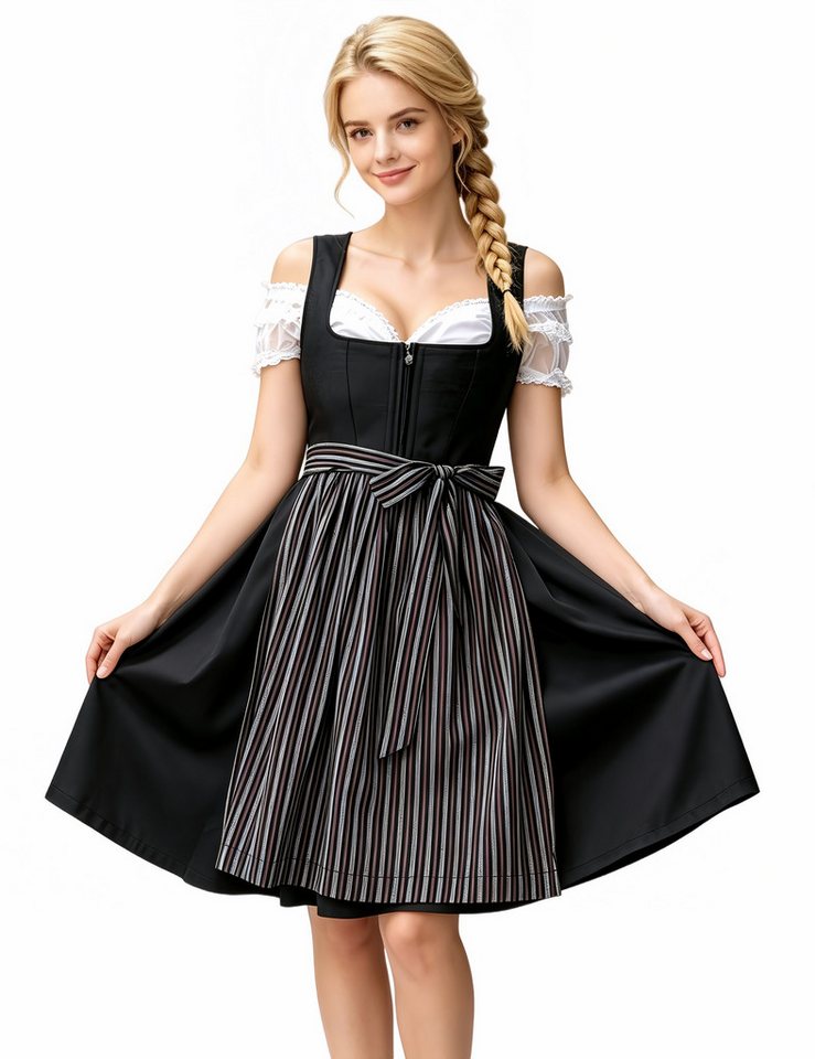 MODISFRAU Dirndl Damen 3tlg. mit Bluse, gestreifte Schürze Midi Trachtenkleid