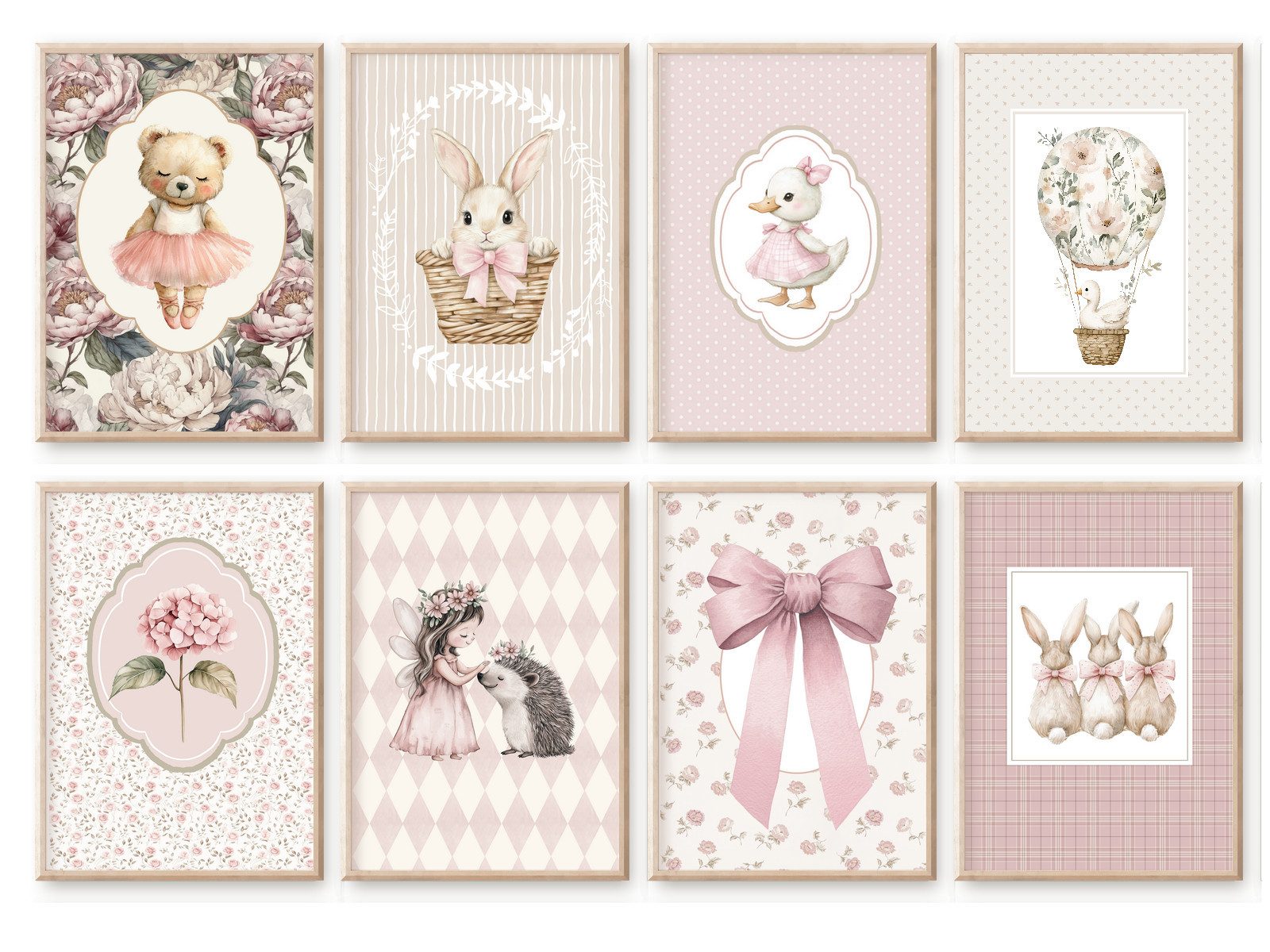 homestyle-accessoires Mehrteilige Bilder Kinderzimmer Bilderwand 8erSet Bilderset Babyzimmer VINTAGE BEAR, Hochformat, Künstlerpapier, ohne Rahmen