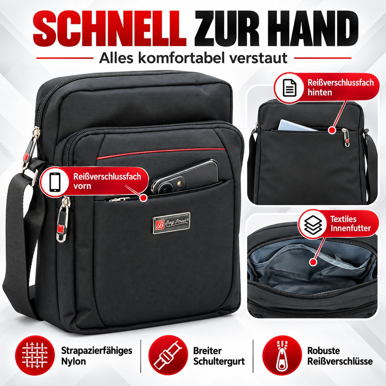 BAG STREET INTERNATIONAL Messenger Bag - Crossover Umhängetasche Schultertasche Medium Size Nylon Schwarz, Leicht – Bild 5 von 5