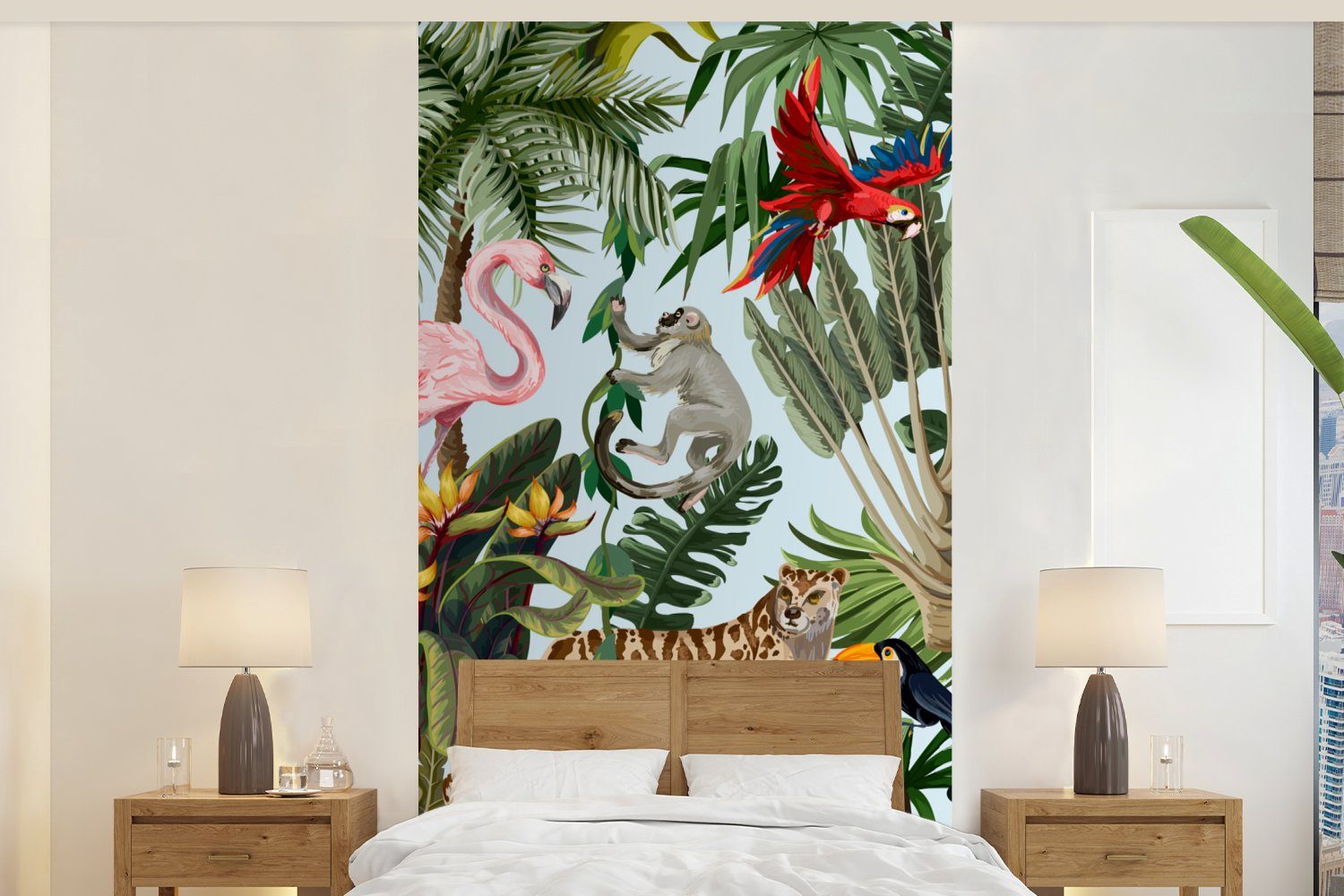 MuchoWow Fototapete Dschungel - Tiere - Mädchen - Kinder - Jungen - Flamingo - Papagei, Matt, bedruckt, (2 St), Vliestapete für Wohnzimmer Schlafzimmer Küche, Fototapete