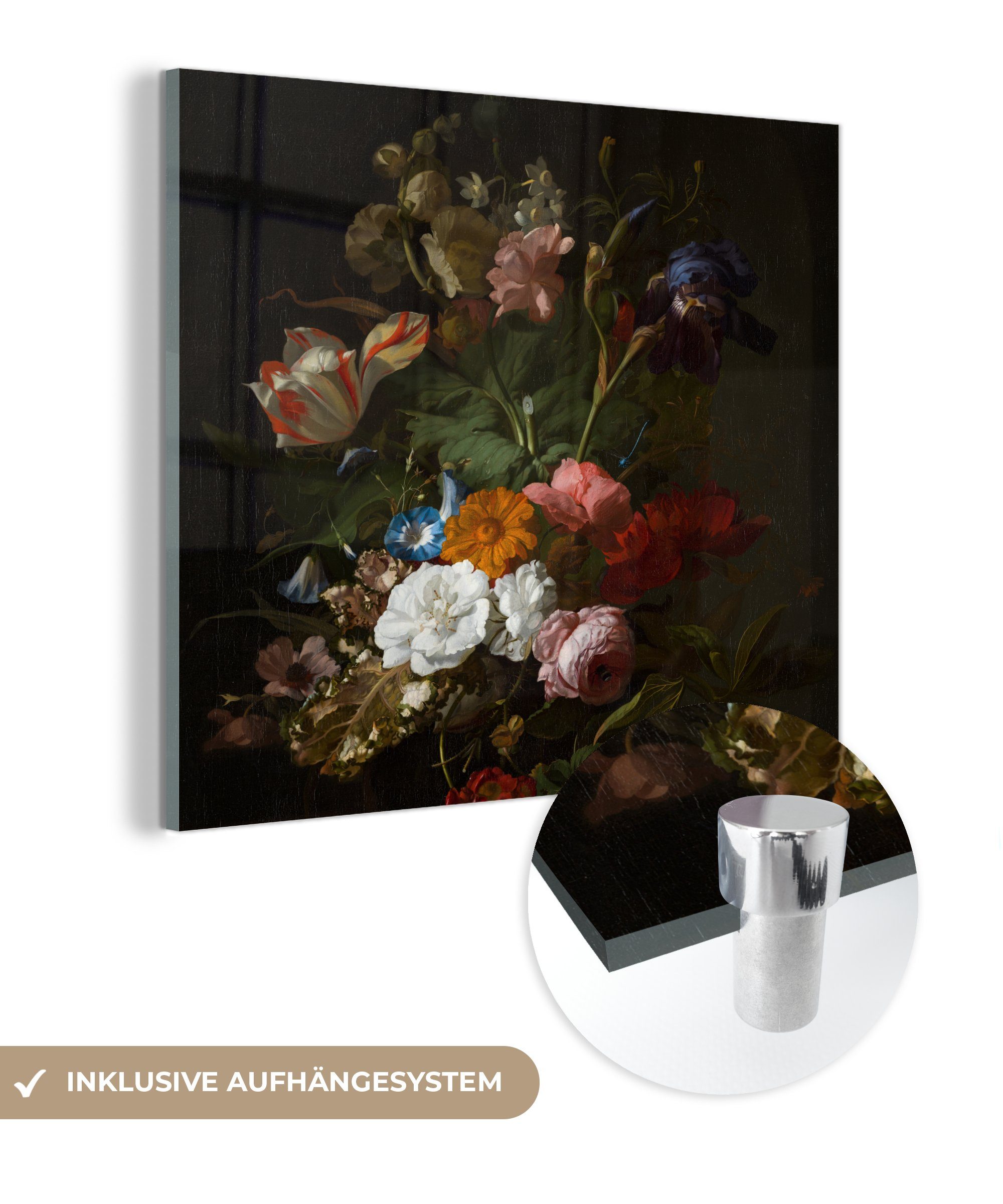 MuchoWow Acrylglasbild Vase mit Blumen - Gemälde von Rachel Ruysch, (1 St), Glasbilder - Bilder auf Glas Wandbild - Foto auf Glas - Wanddekoration bunt