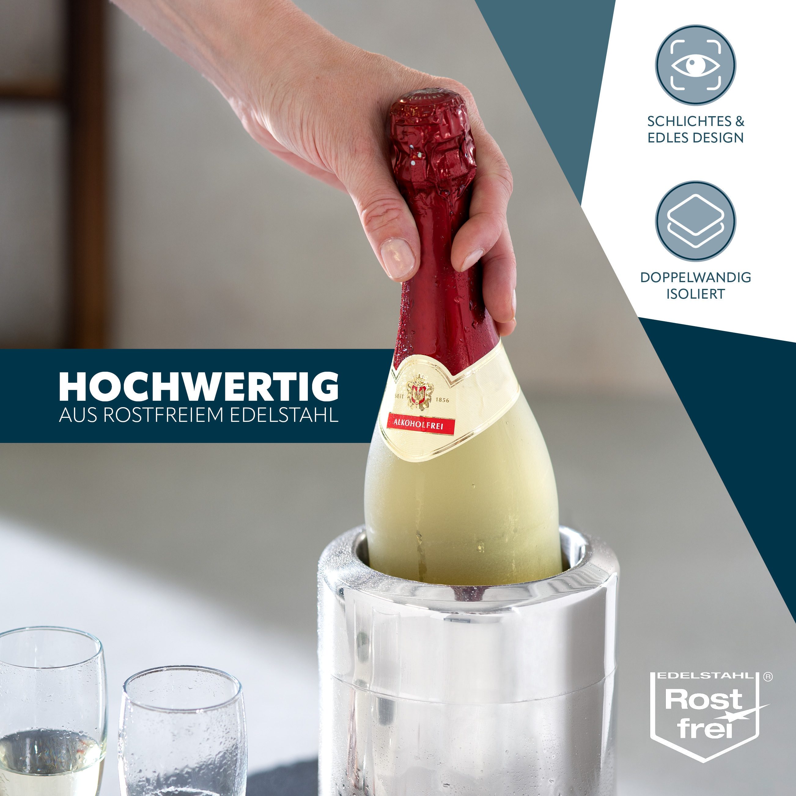 bremermann Wein- und Sektkühler Edelstahl-Flaschenkühler mit Akkus, Kühler für 750 ml-Flaschen, rund – Bild 5 von 5