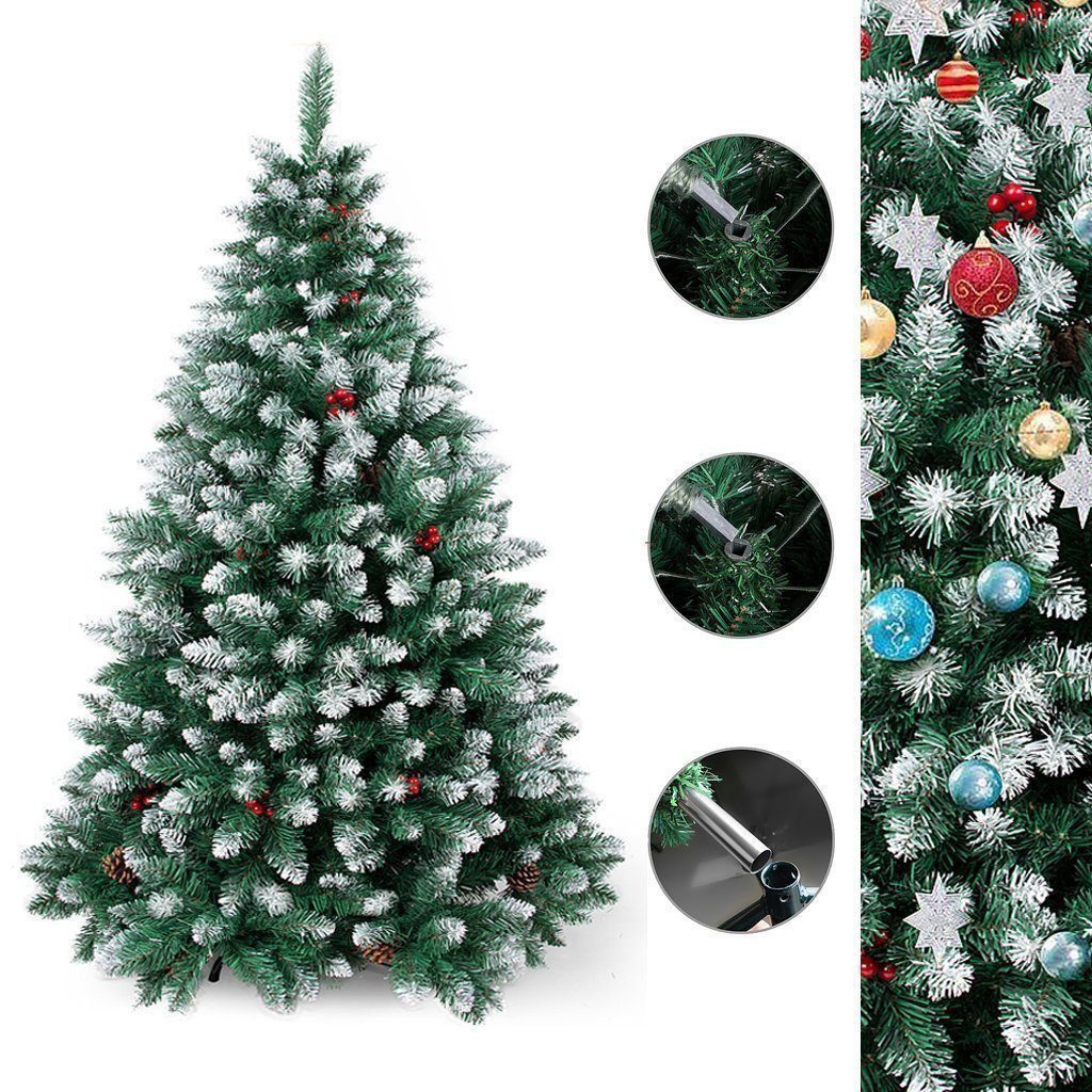 SunJas Künstlicher Weihnachtsbaum 120/150/180cm Künstlicher Tannenbaum mit Schnee und roten Beeren, Weihnachtsbaum Christbaum für Weihnachten-Dekoration, mit ca.390 720 930 Zweige und mit Metallständer