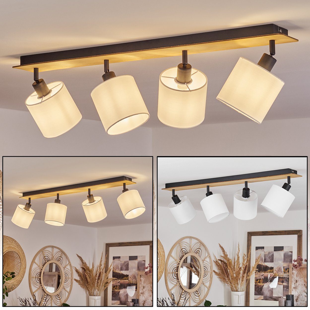 hofstein Deckenleuchte »Costa« Deckenlampe aus Holz/Metall/Stoff in  Natur/Schwarz/Weiß, ohne Leuchtmittel, Leuchte im skandinavischen Design  mit verstellbaren Schirmen, 4xE14