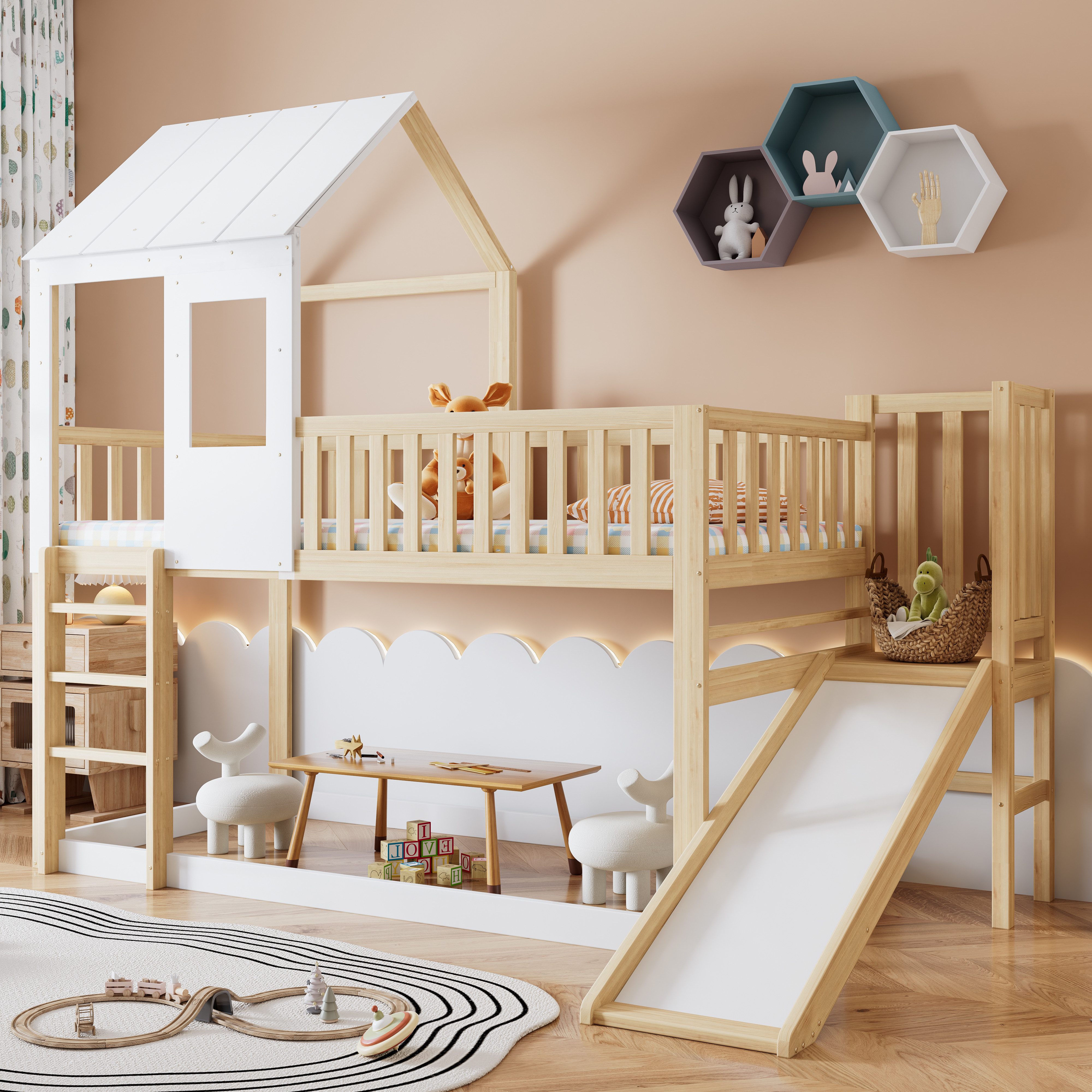 STILVORA Kinderbett 90x200 mit Matratze&Rutsche,Kinderbett Bettgestell mit Dach&Fenster (Rahmen aus Kiefer, Natur+Weiß (90x200cm), Platzsparendes Etagenbett-Design Lustige Rutsche), Einfache und bequeme dreistufige rechtwinklige Treppe