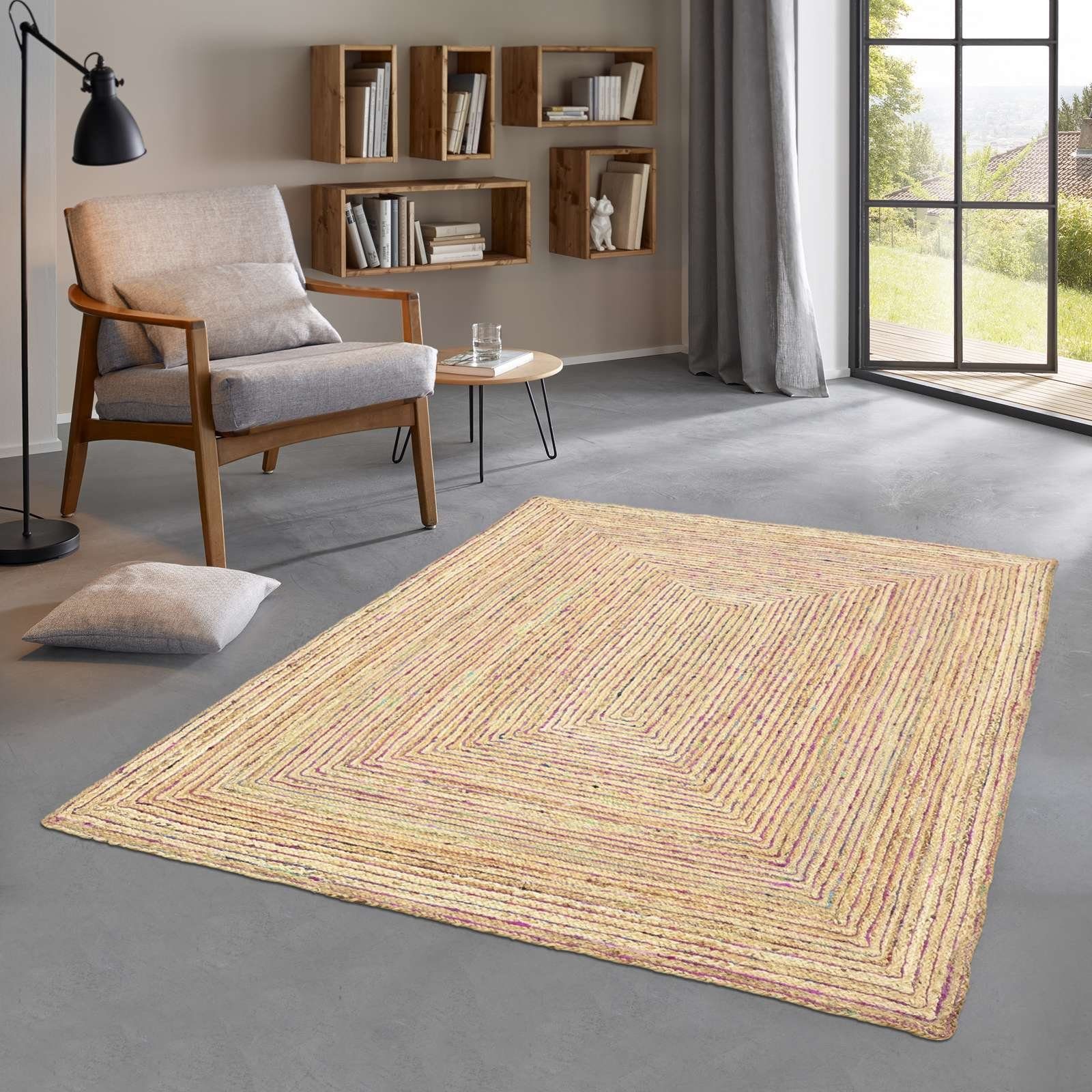 Teppich Jute Teppich Mayuri natur multi Flachgewebe Boho Modern, TaraCarpet, rechteckig, Höhe: 5 mm, Sisal optik Wolle bunt multi Wohnzimmer Esszimmer 60x110 cm