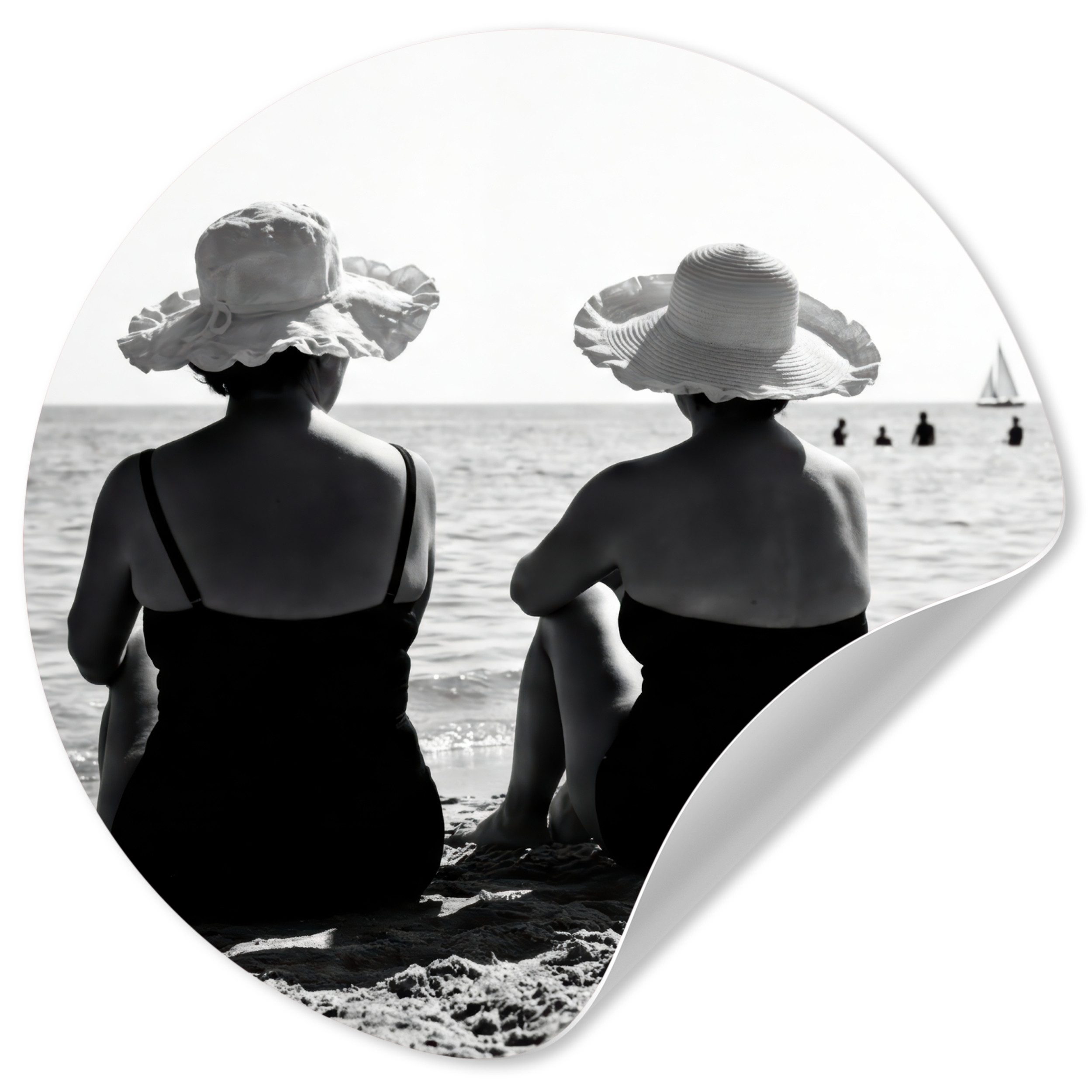 MuchoWow Wandsticker Frauen - Sonnenhut - Strand - Schwarz - Weiß (1 St), Wandtattoo Selbstklebend, Wohnzimmer Deko Aufkleber, 30x30 cm