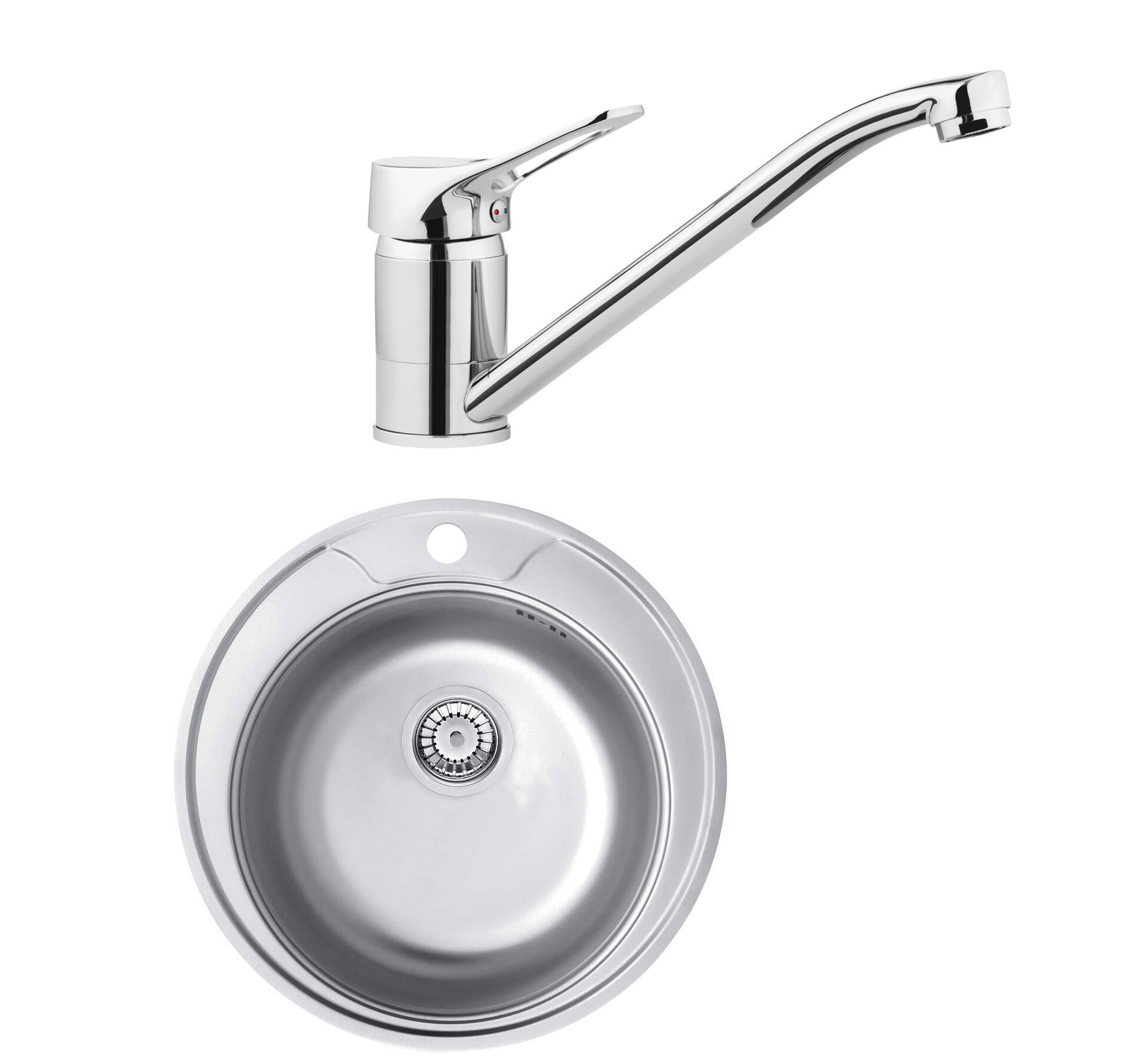 Deante Edelstahlspüle ZHCD0813, Aus Edelstahl, Rund Komplett-Set, Küchenspüle mit Spültischarmatur und Ablaufgarnitur