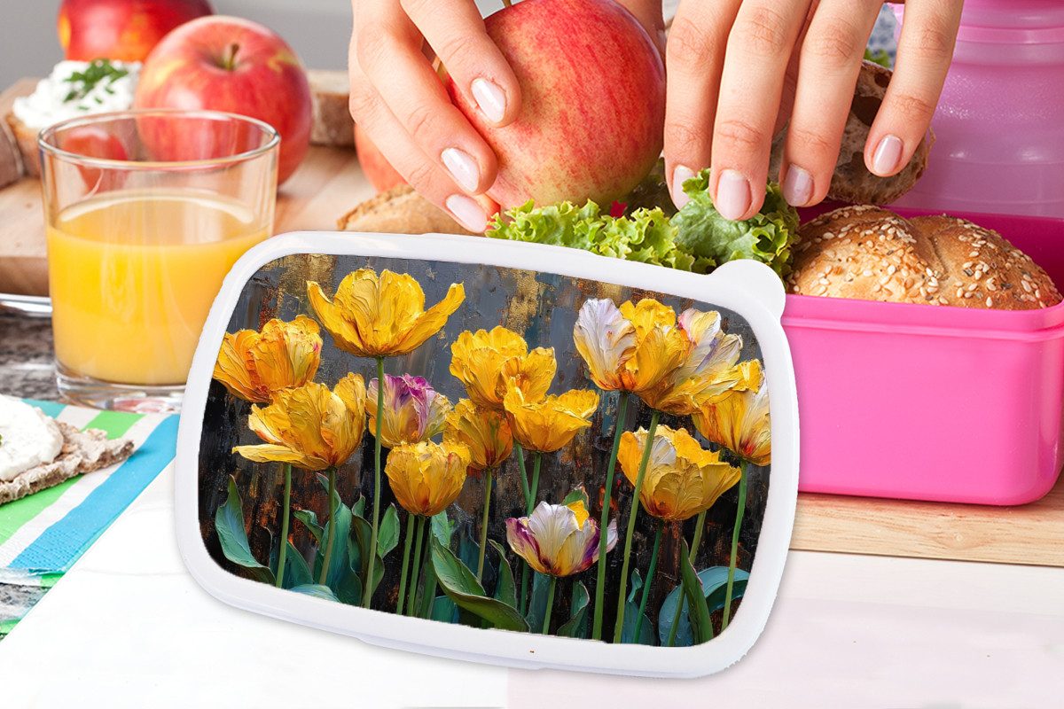 MuchoWow Lunchbox Tulpen - Gelb - Pinselstriche - Abstrakt, Kunststoff, (2-tlg), Brotdosen, Lunch Box, Brotbox für Kinder und Erwachsene