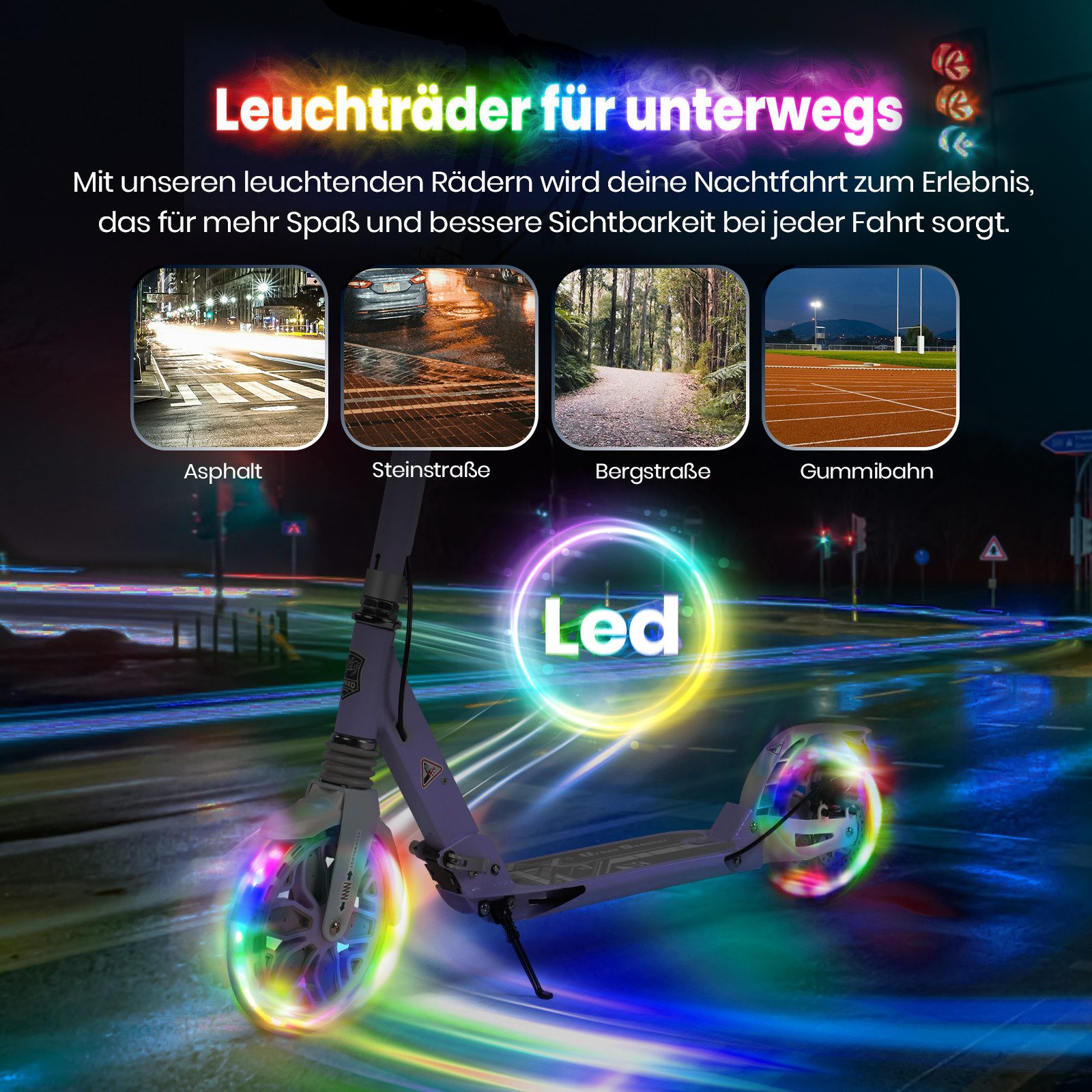 H.yeed Tretroller Kickscooter für Kinder ab 8–12 Jahren, mit Scheibenbremsen, Cityroller für Erwachsene mit Stoßdämpfung – Bild 5 von 5