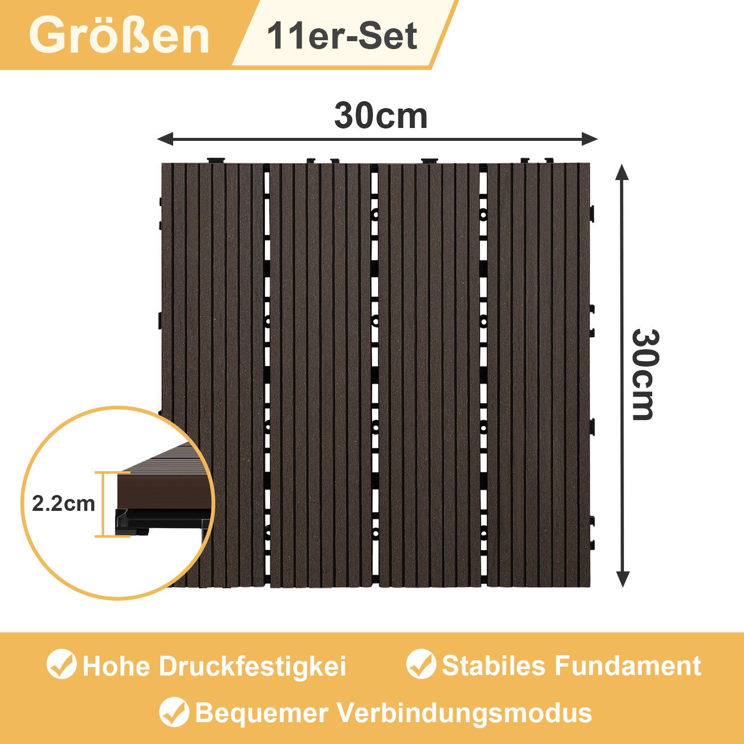 Thumbnail - Clanmacy Holzfliesen WPC Klickfliesen 30x30 cm Dunkelbraun Holzoptik Klicksystem 55x, 55 St.