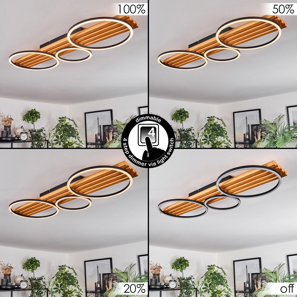 hofstein Deckenleuchte dimmbare Deckenlampe aus Holz/Metall/Kunststoff in Natur/Schwarz/Weiß, LED wechselbar, 3000 Kelvin, im skandinavischen Design, dimmbar üb – Bild 2 von 5
