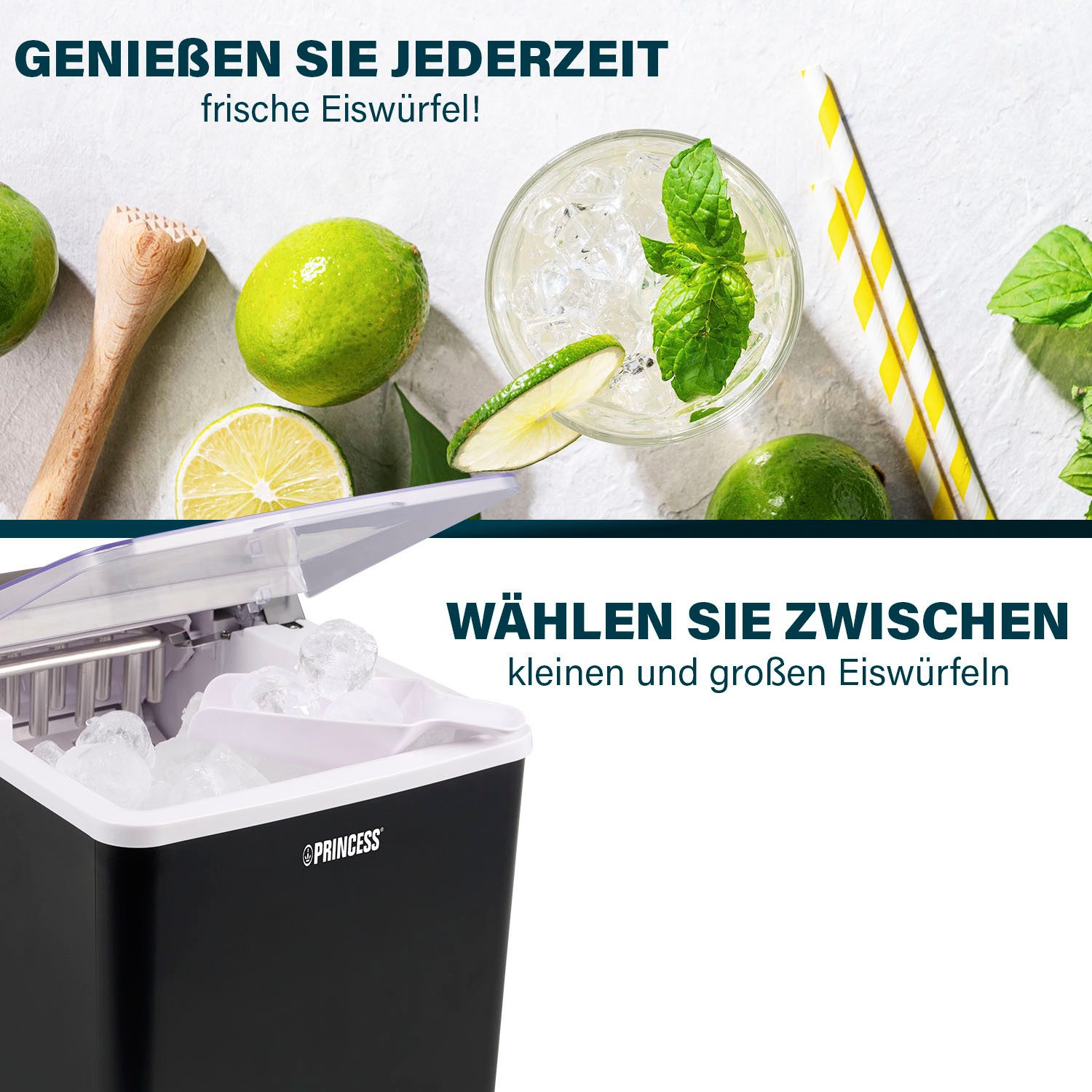 PRINCESS Eiswürfelmaschine 283098, XXL - 1,75 L - 9 Eiswürfel in 6 Min. - Selbstreinigung
