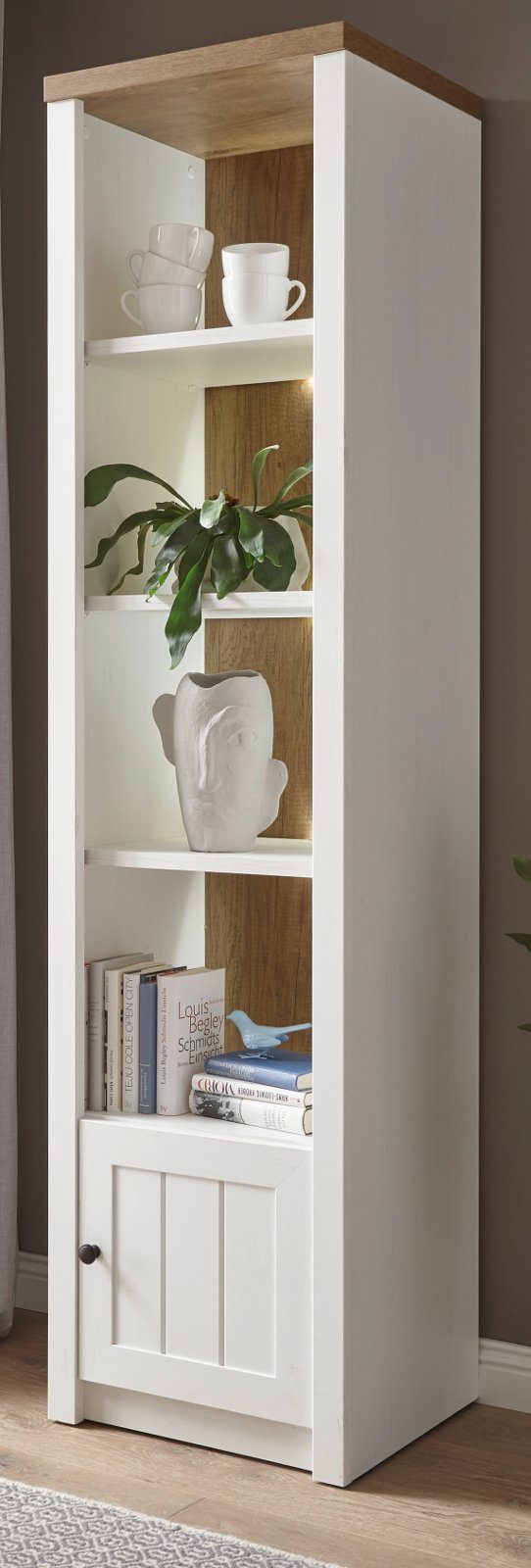 Furn.Design Stauraumschrank Seyne (Regalschrank in Pinie weiß und Eiche, 50 x 198 cm) Landhausstil gekälkte Optik