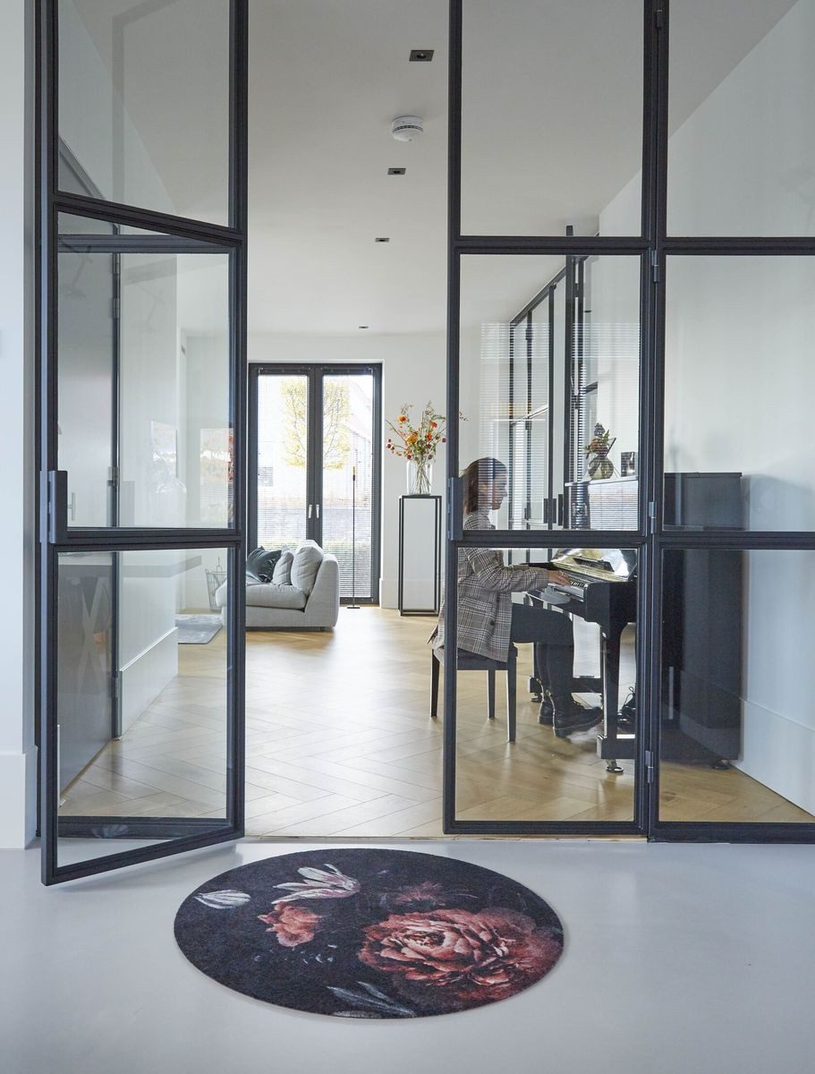 MD Entree Fußmatte Universal Teppichläufer Wohnzimmer Teppich, rund, Höhe: 8 mm, bei 30° waschbar, anti-rutsch, Ø 100 cm, Bella Rosa, schwarz