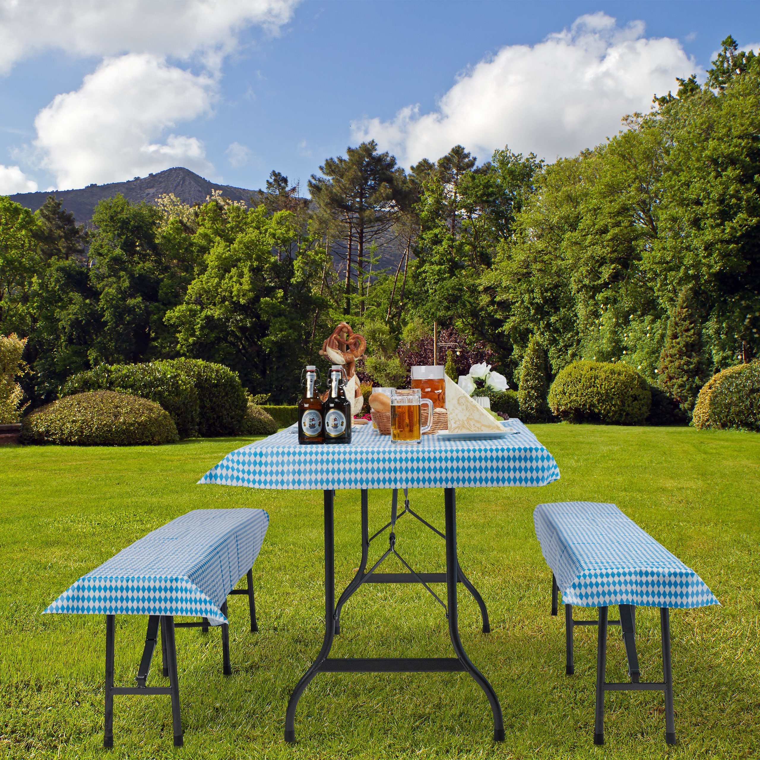 Set Gartentischdecke relaxdays blau-weiß Auflage Bierzeltgarnitur