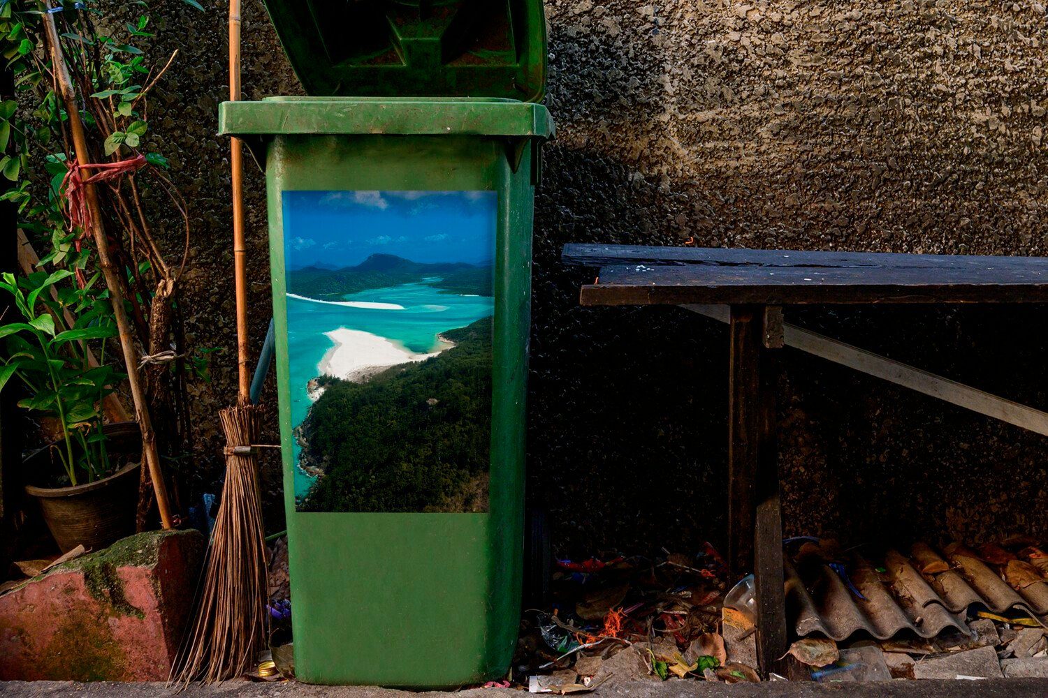 MuchoWow Wandsticker Die weißen Strände Mülltonne, Whitsunday Wälder Mülleimer-aufkleber, St), und (1 Sticker, der Container, Islands grünen Abfalbehälter