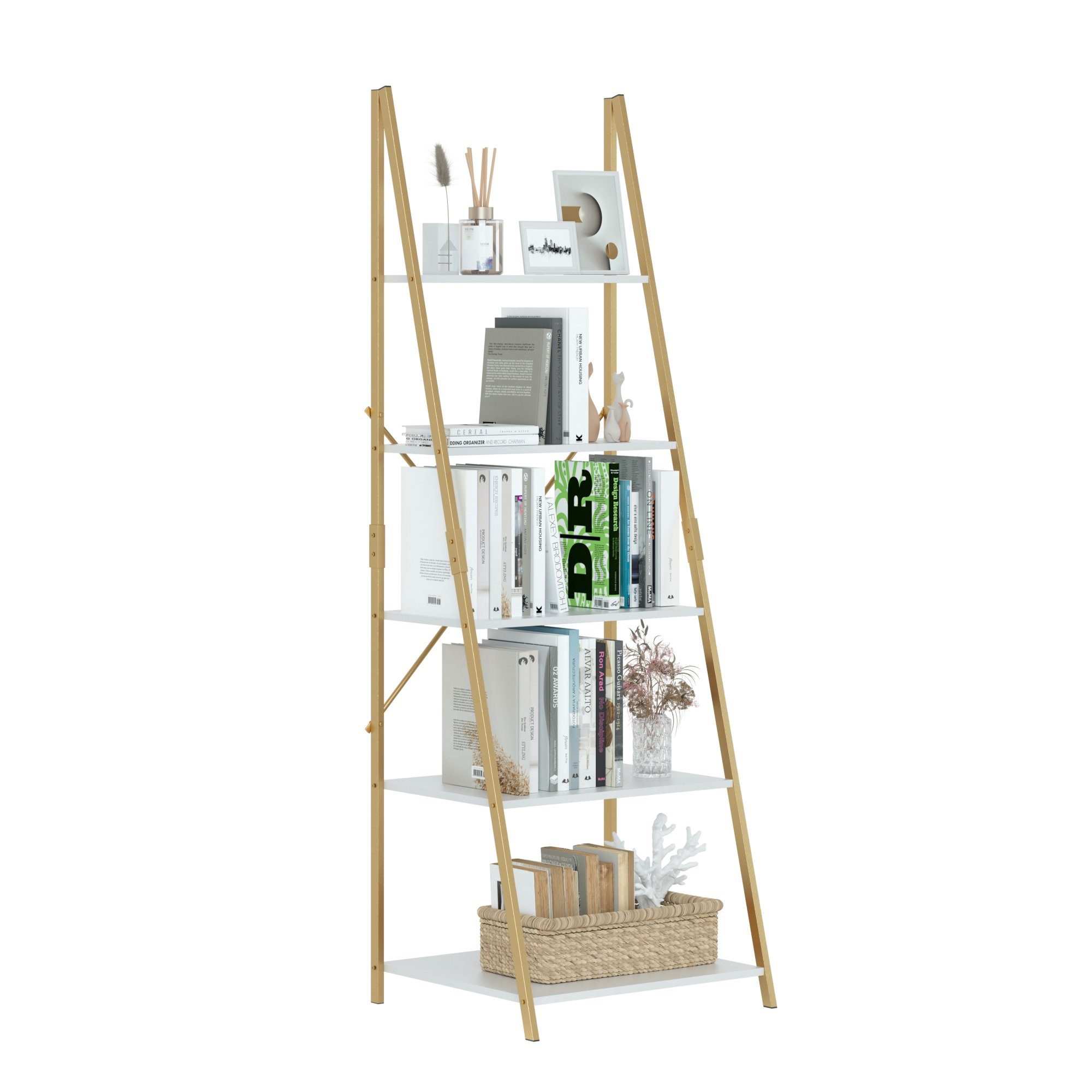 Homfa Standregal, Leiterregal mit 5 Etagen, Bücherregal aus Metall und Holz,  Breite 60 cm, A-förmig
