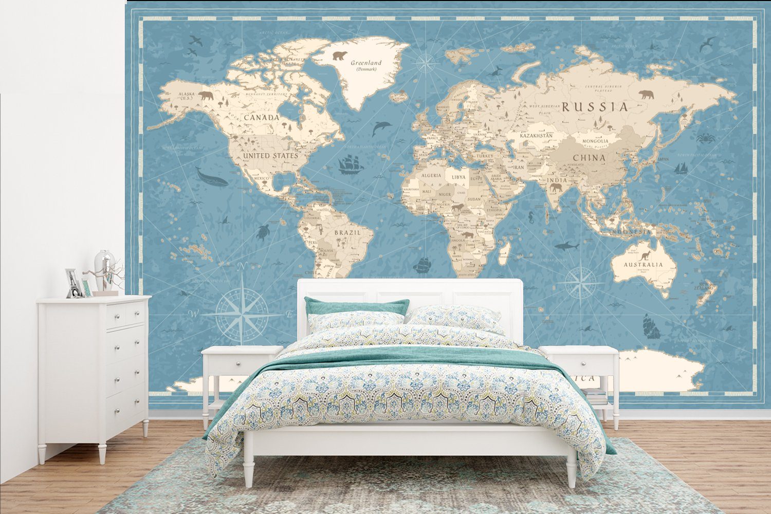 Direktimport MuchoWow Fototapete Weltkarte - Vintage Wohnzimmer Blau, St), für Matt, bedruckt, Schlafzimmer, Vinyl - Wandtapete oder Tapete (7