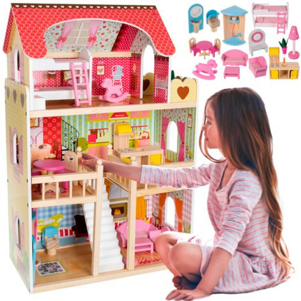 KRUZZEL Puppenhaus Kinderhaus Holzpuppenhaus, (Spar-Set, 1-tlg., Holzspielzeug), verfügt über eine LED-Streifenbeleuchtung