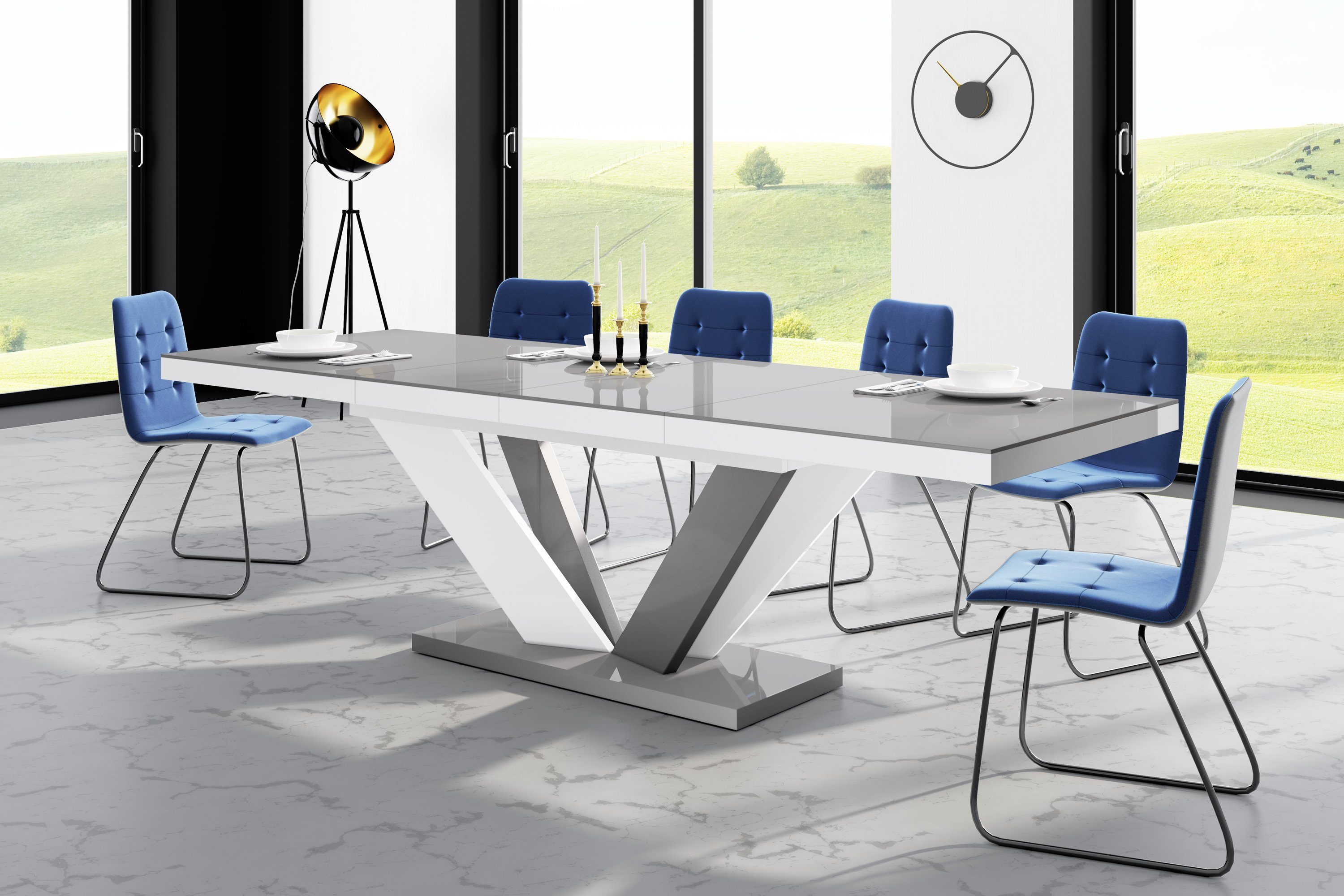 designimpex Esstisch Design Tisch HEU-111 Grau - Weiß Hochglanz ausziehbar 160 bis 256 cm Grau Hochglanz / Weiß Hochglanz