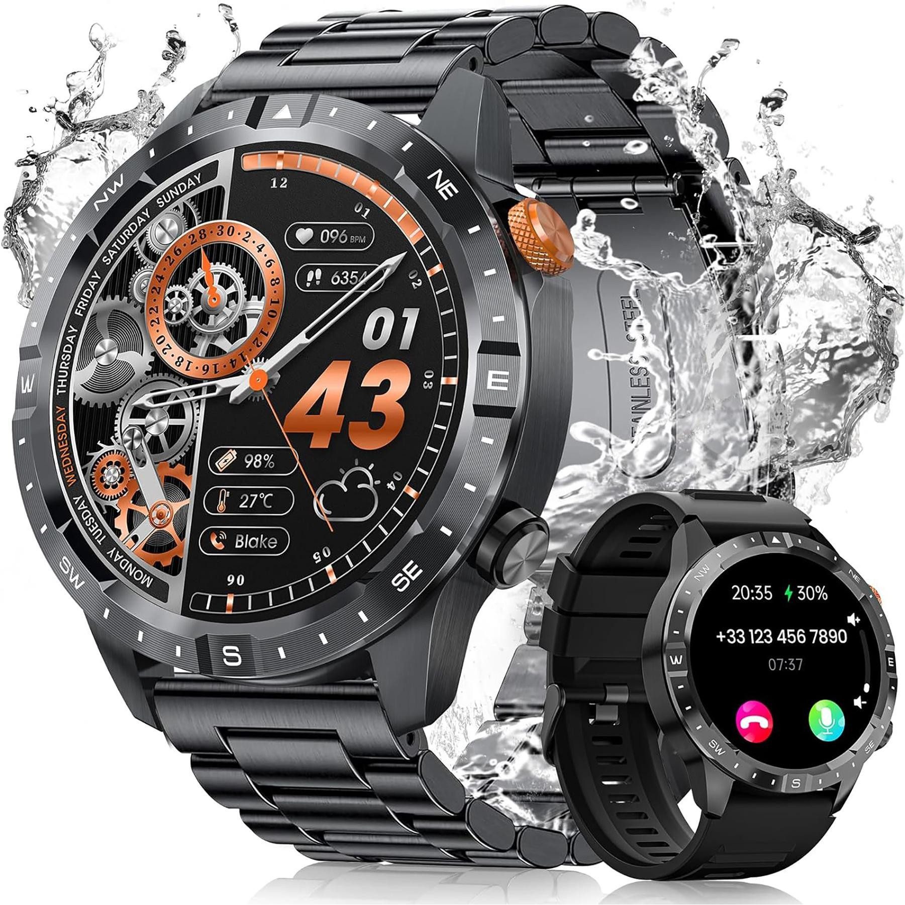 SWGOTA Smartwatch Herren Militär mit ʙʟᴜᴛᴢᴜᴄᴋᴇʀMESSUNG, 1,43' AMOLED-Display Smartwatch (3.63 cm) Fitnessuhr mit Herzfrequenz,SpO2,ɴɪᴄʜᴛ-ɪɴᴠᴀɪᴠᴇ ʙʟᴜᴛᴢᴜᴄᴋᴇʀᴍᴇᴜɴɢ, Armbanduhr Herren mit Always-On Display,Schlafmonitor