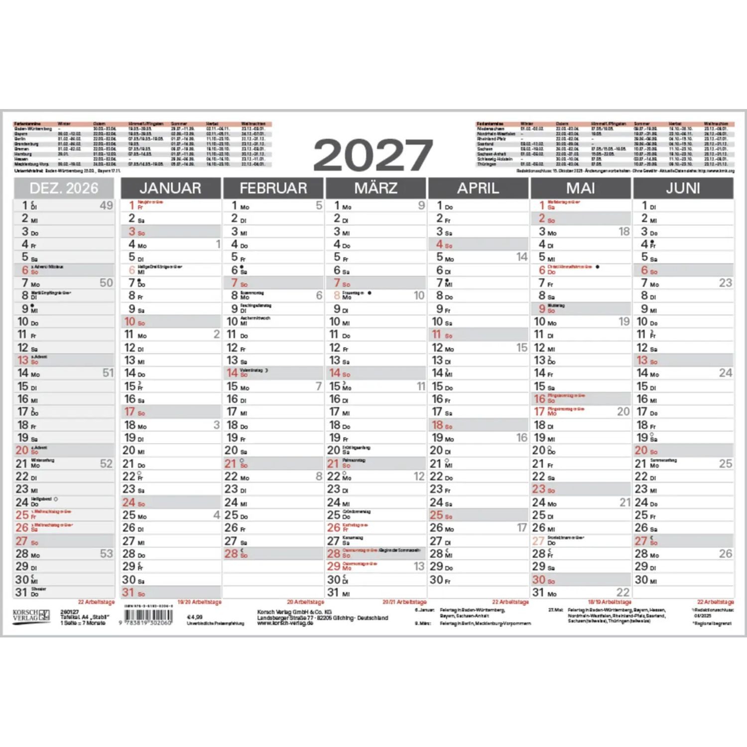 Korsch Verlag Wandkalender Tafelkalender A4 "Stabil" 2027