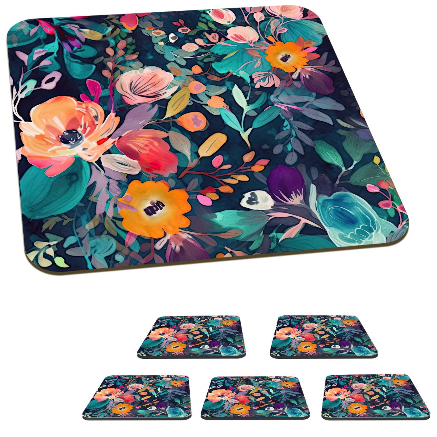 Gläser, Glasuntersetzer, Hippie, für Glasuntersetzer Untersetzer, - Zubehör MuchoWow Tasse Korkuntersetzer, Bunt - - Tischuntersetzer, Blumen Natur 6-tlg., - Kunst