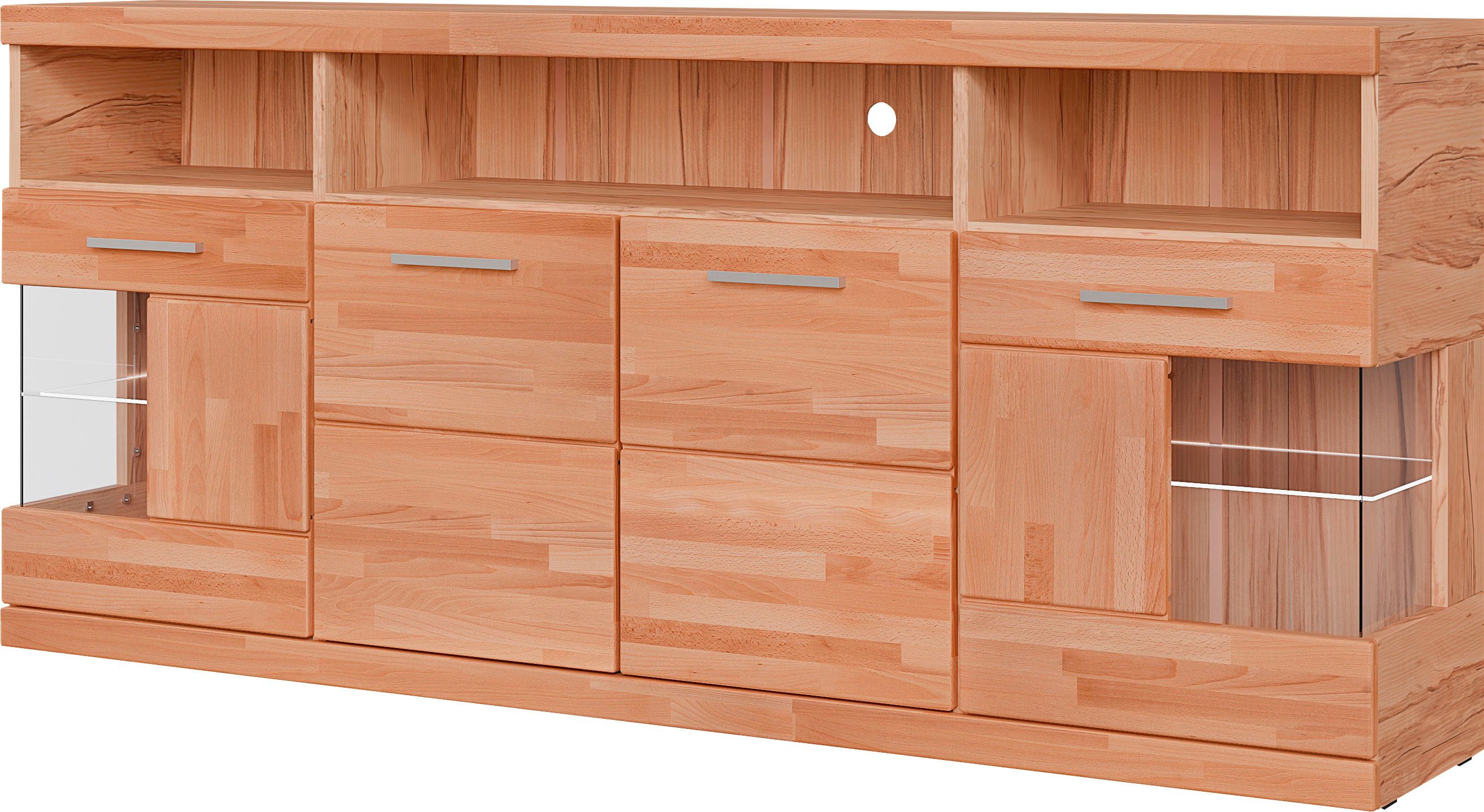 OTTO home Sideboard RIBE20 Fronten massiv,Korpus Melamin, 2 Türen mit Glaseinsatz, B/T/H: 180/35/80cm,3offene Fächer u 6geschlossene,Teilmassiv Kernbuche