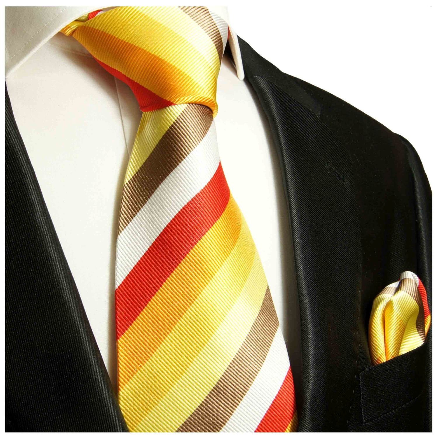 Paul Malone Krawatte Herren Seidenkrawatte und Tuch modern gestreift 100% Seide (Set, 2-St., Krawatte mit Einstecktuch) Breit (8cm), rot gold gelb 712