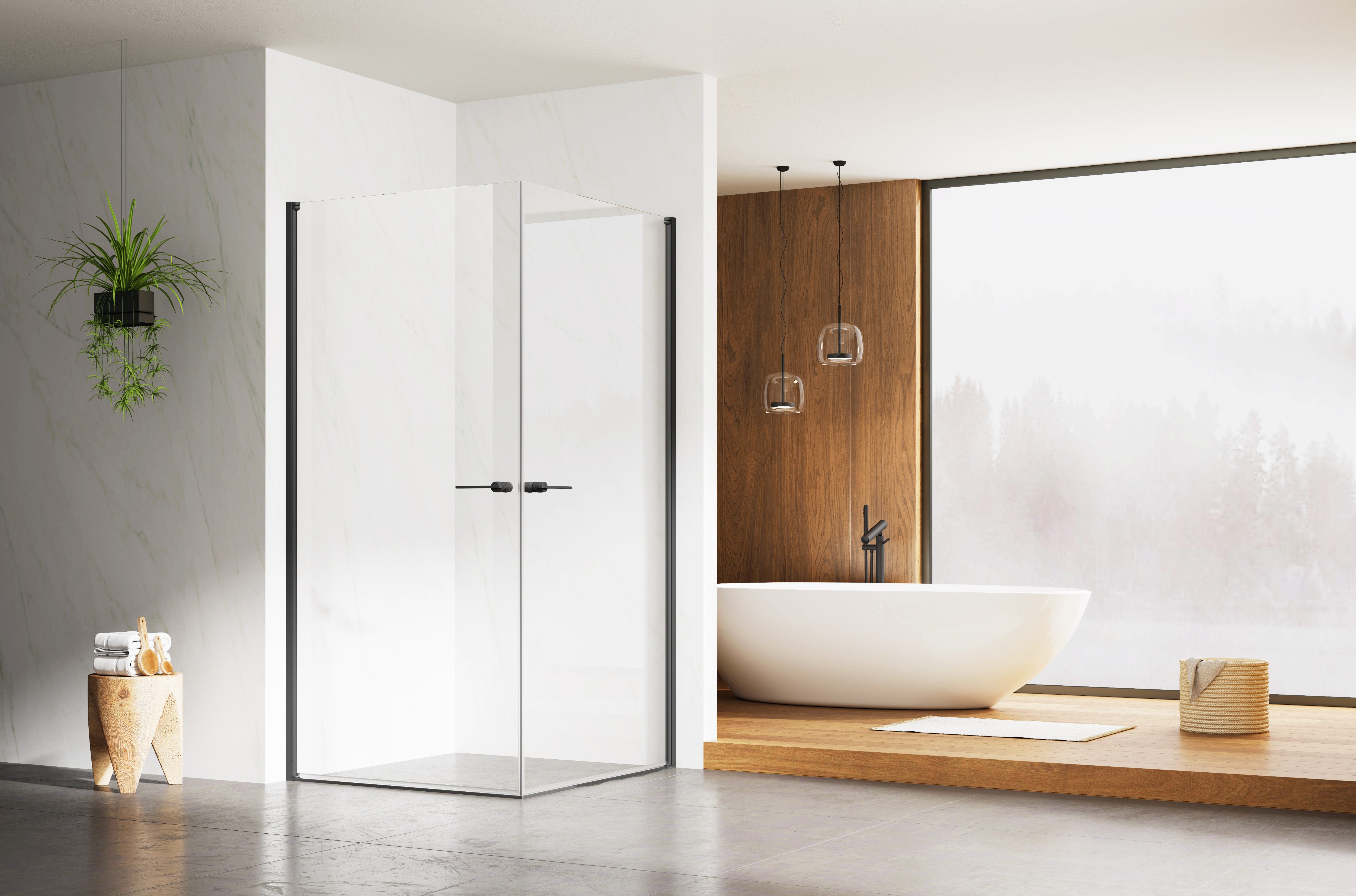 welltime Eckdusche, Einscheibensicherheitsglas, Rahmenloses Design mit extravaganten Griffen