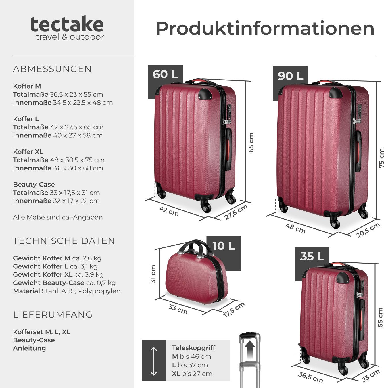tectake Trolley Hartschalenkoffer-Set, 4 Rollen, 4-teilig, 3 Trolleys und Beauty-Case aus robustem ABS-Kunststoff