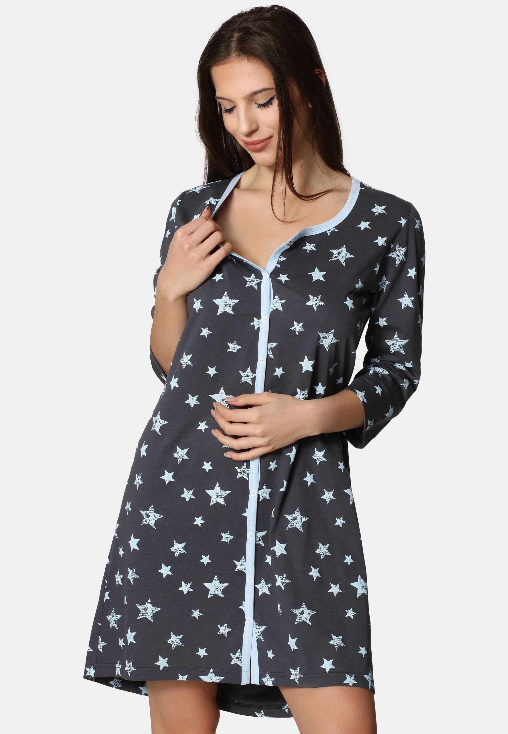 mit Stillfunktion Mammy Nachthemd Arm Umstandsnachthemd Graphit Damen Blau Be BE20-276 3/4 Sterne (1-tlg) Umstands