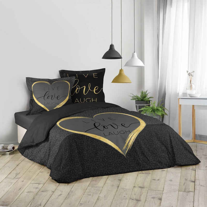 Bettwäsche, dynamic24, 3tlg. Bettwäsche 240x220 Baumwolle Übergröße Bettdecke Herzen Bettbezug schwarz