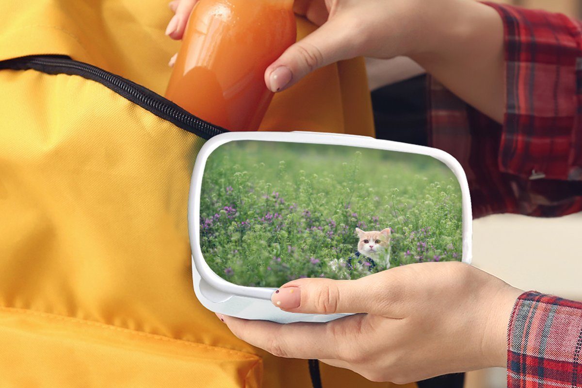 Brotbox Blumen - und Katze Mädchen und Erwachsene, weiß für Frühling, Lunchbox MuchoWow Kinder für Kunststoff, - (2-tlg), Jungs Brotdose,