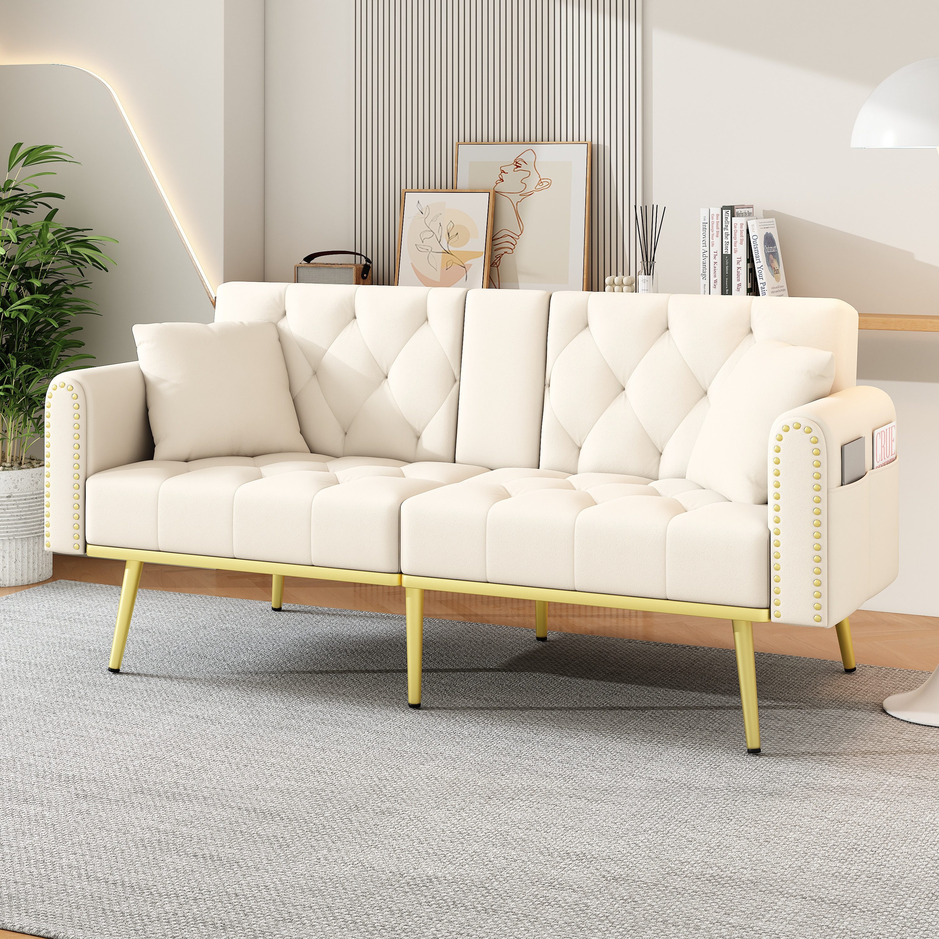 Merax Schlafsofa mit 3 verstellbaren Neigungswinkeln & ausklappbarer Liegefunktion, 2 sitzer Klappsofa Polstersofa mit bettfunktion 1 Teile, Sofa klappbar mit Getränkehalter, Zierkissen & Seitentasche, Samtbezug