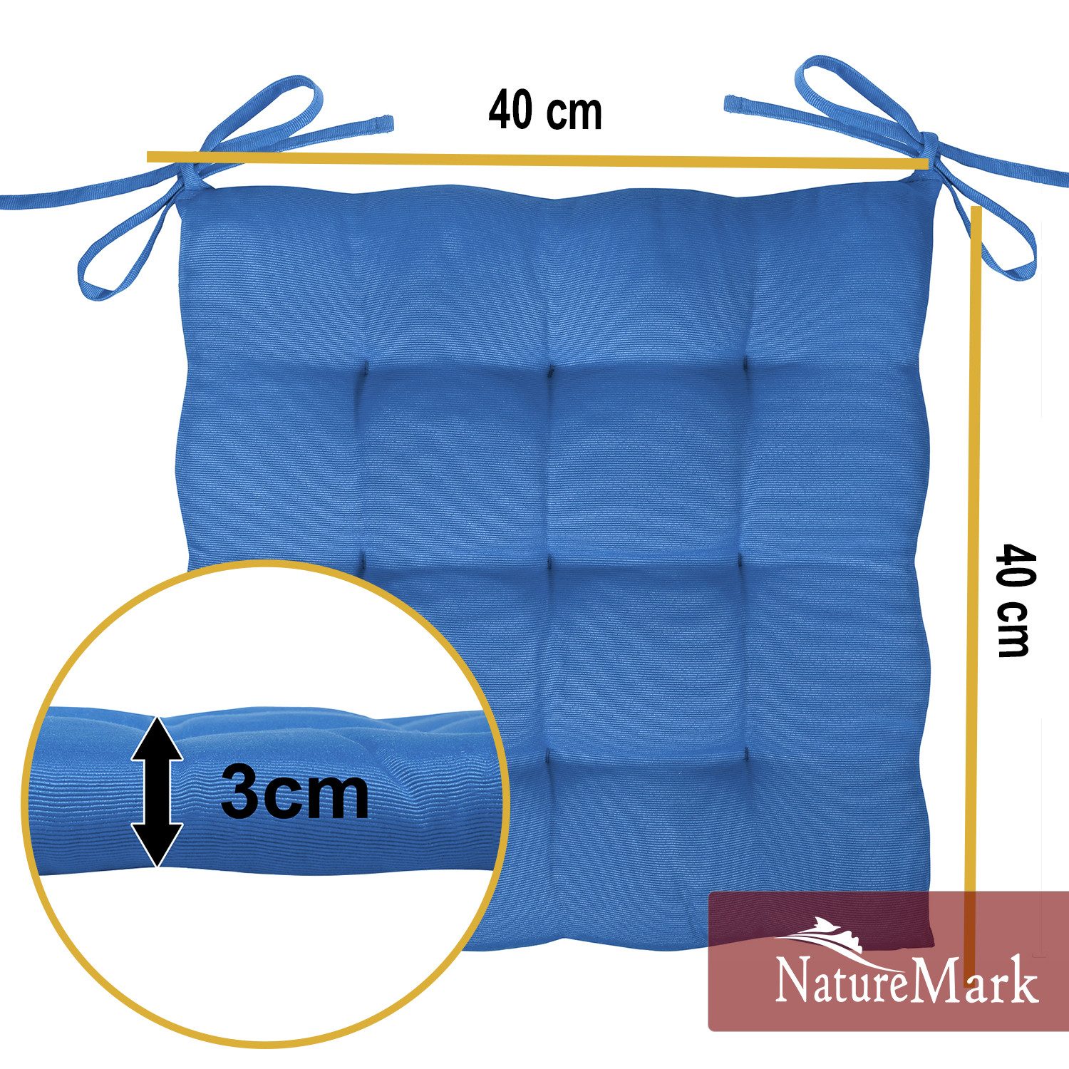 NatureMark Sitzkissen 4er-Set Stuhlkissen 40x40cm mit Bändern, Sitzpolster Kissen 4er Pack, schadstoffgeprüft, Royal blau