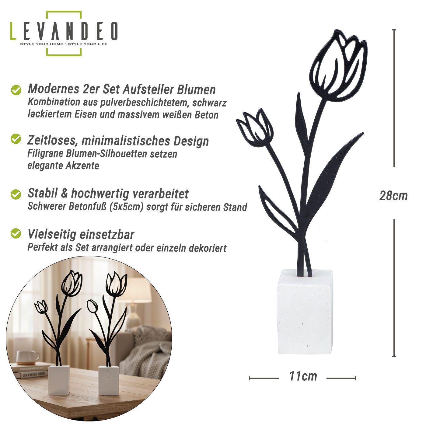 Levandeo® Dekoobjekt 2er Set Metall Blume Tulpe Schwarz Beton Grau Draht Deko Aufsteller Ti
