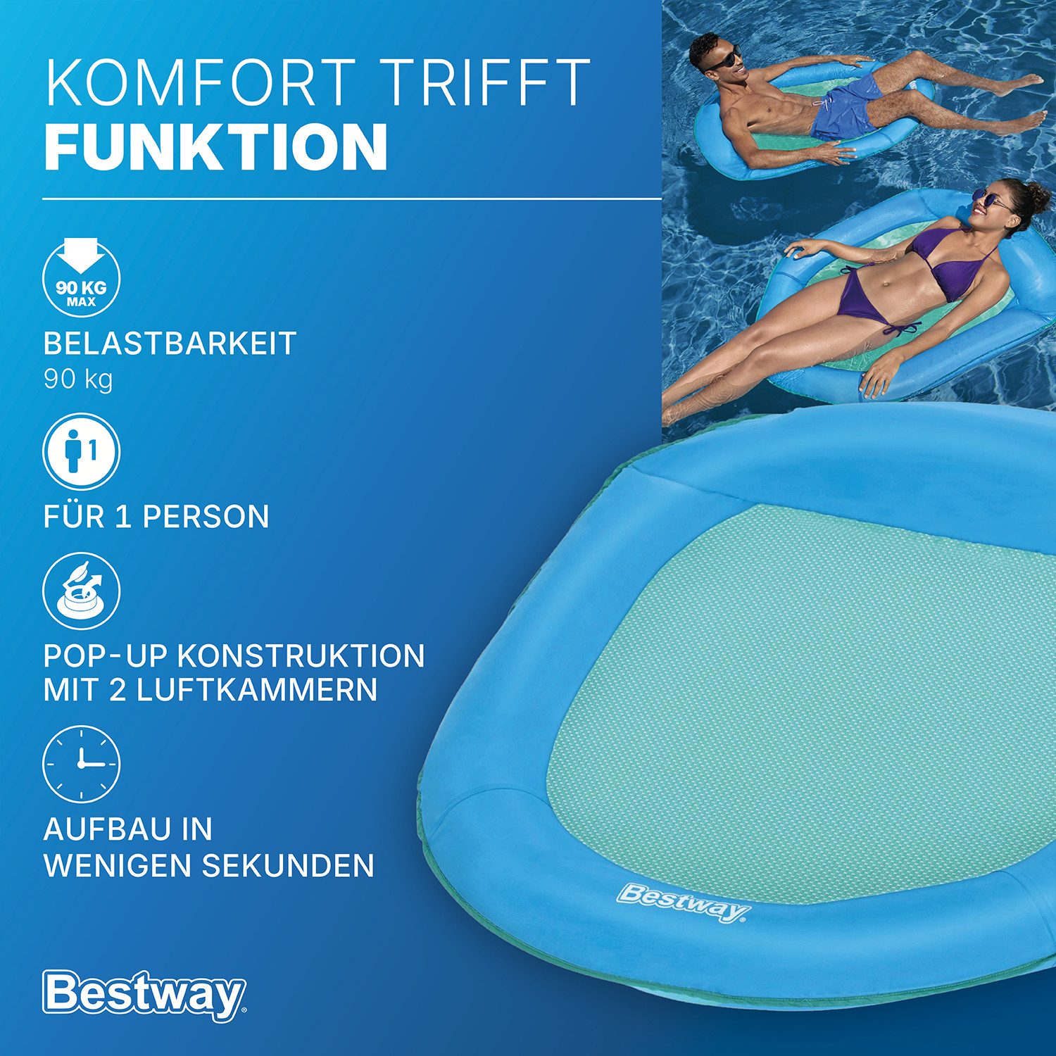Bestway Luftmatratze Pop-Up Wasserhängematte, (Packung, Inkl. Tragetasche), mit Wasserdurchlässiger Mesh-Liegefläche