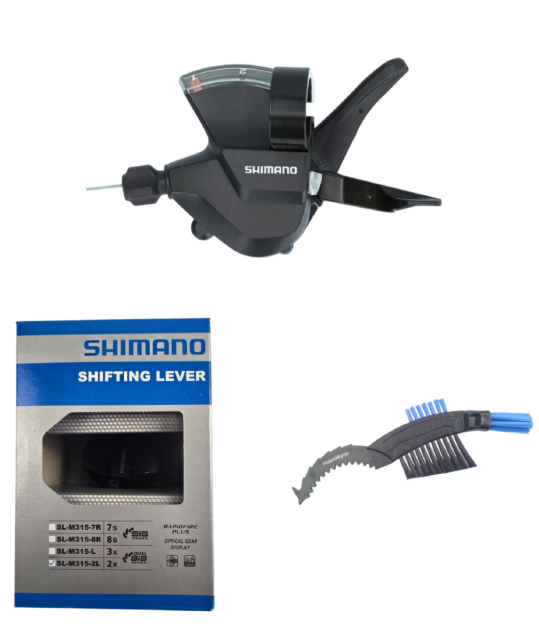 maxxi4you Schaltung Shimano Altus Schalthebel SL-M315 2-Fach in Schwarz inkl. Kettenbürste