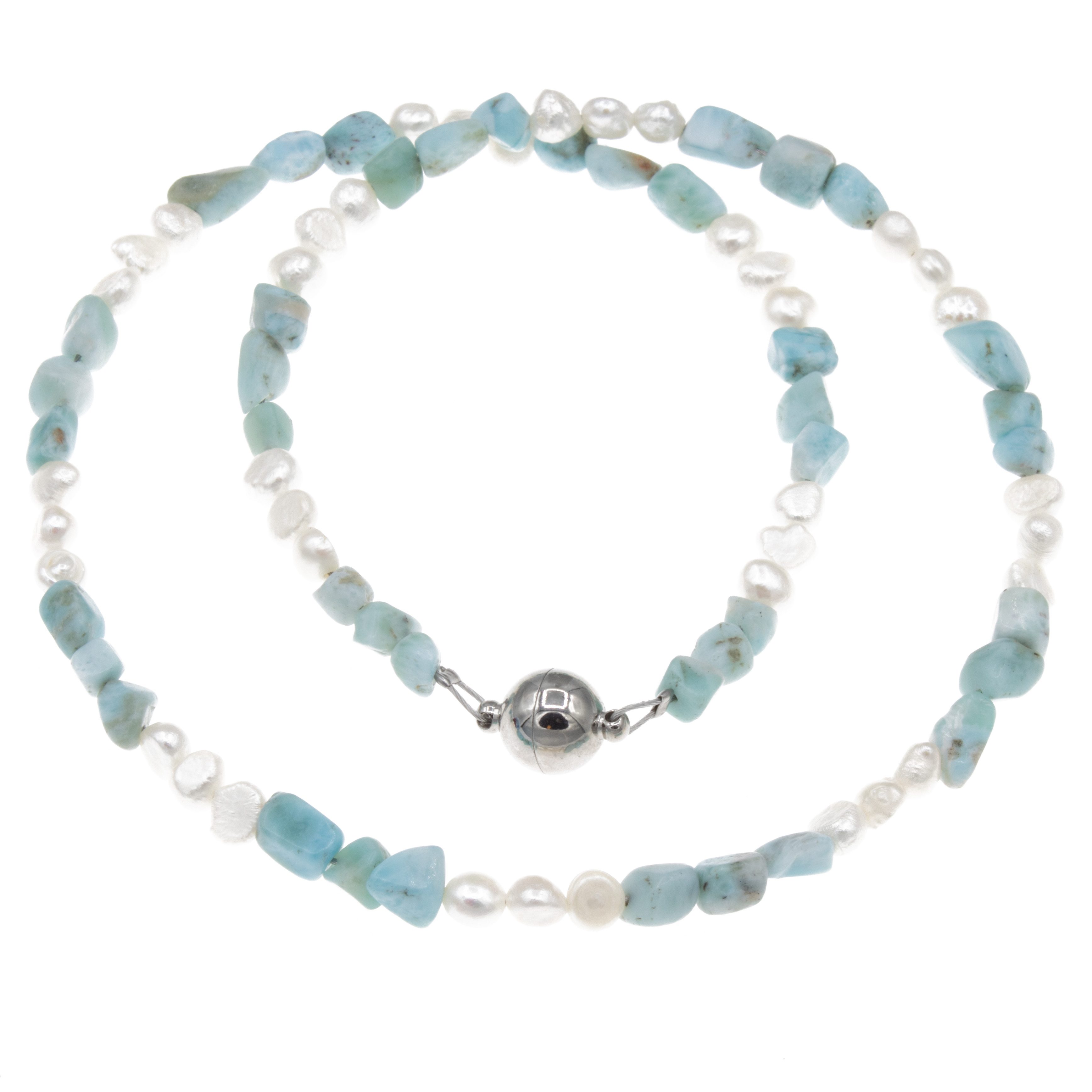 Bella Carina Perlenkette Kette mit Larimar und Süßwasser Perlen Magnetverschluss