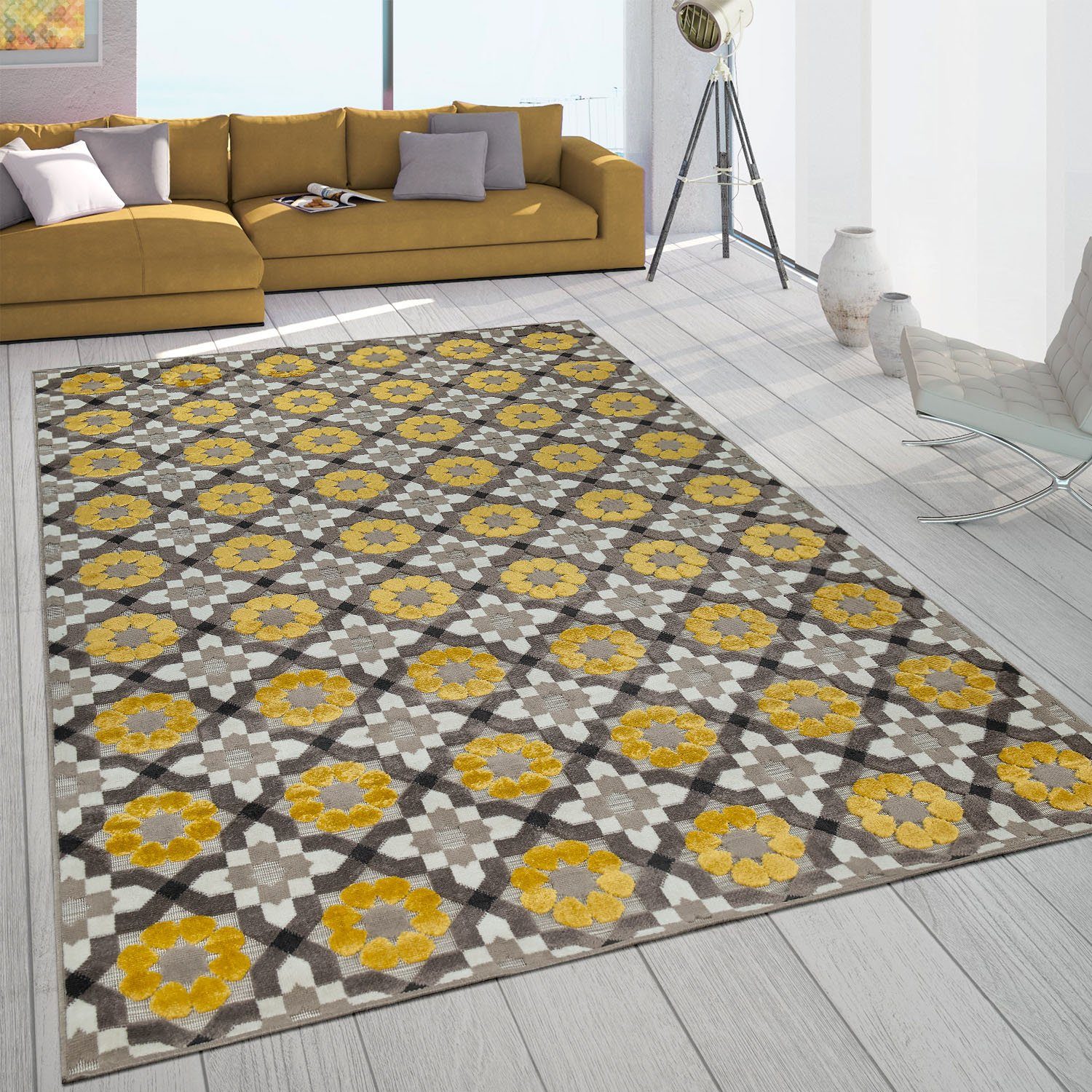 und Blüten, gelb Teppich 492, Paco Charleroi geeignet Motiv Home, Höhe: Outdoor mm, In- 3 rechteckig, 3D-Design,