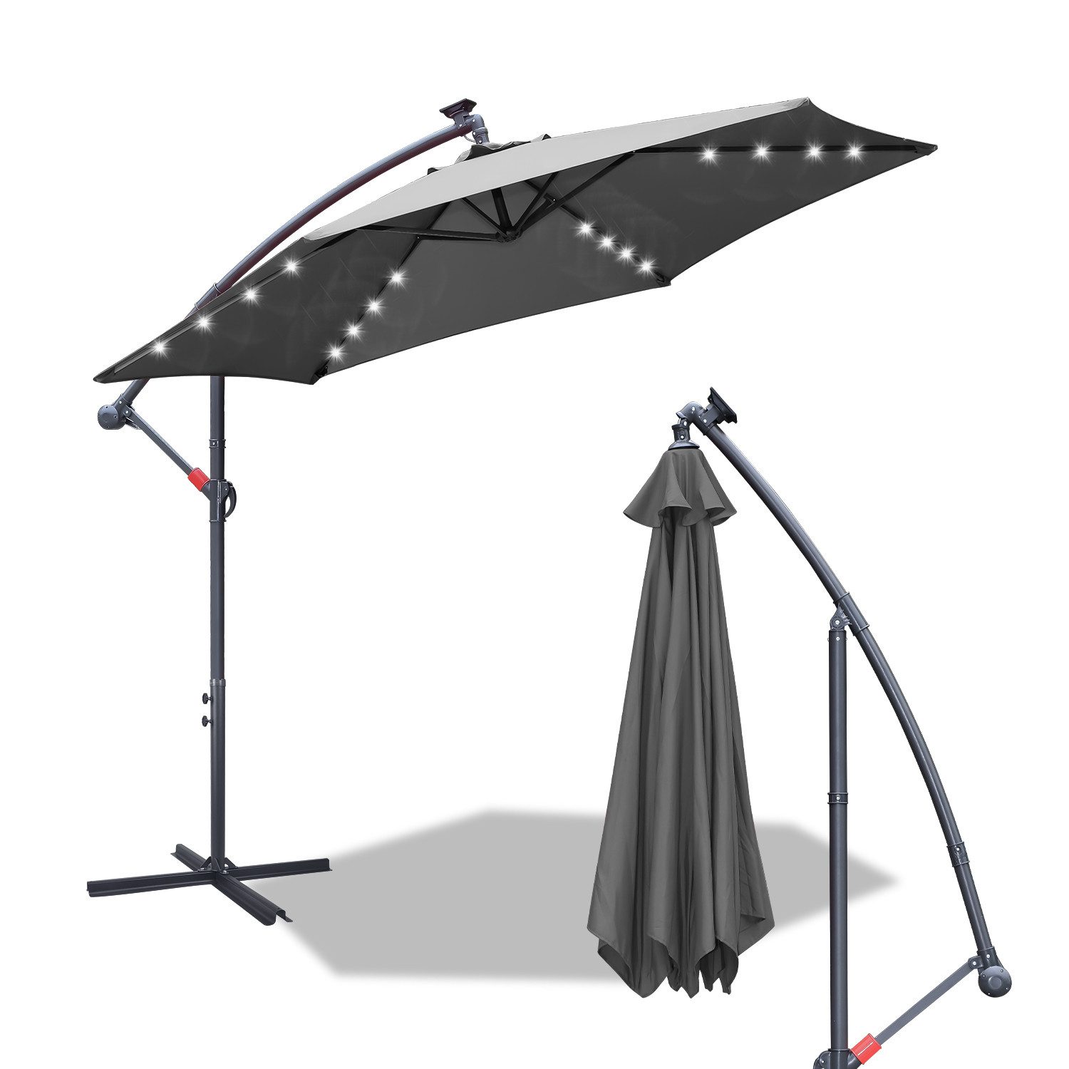Sonnenschirm Sonnenschirm 350 cm Kurbel Ampelschirm mit LED & Windsicherung Grau