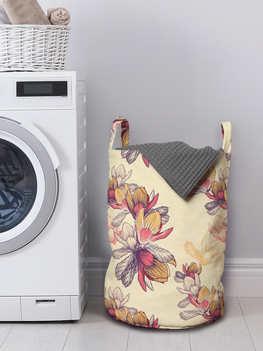 Wäschekorb Griffen Illustration Portrayal Magnolie für Abakuhaus mit Waschsalons, Kordelzugverschluss Wäschesäckchen