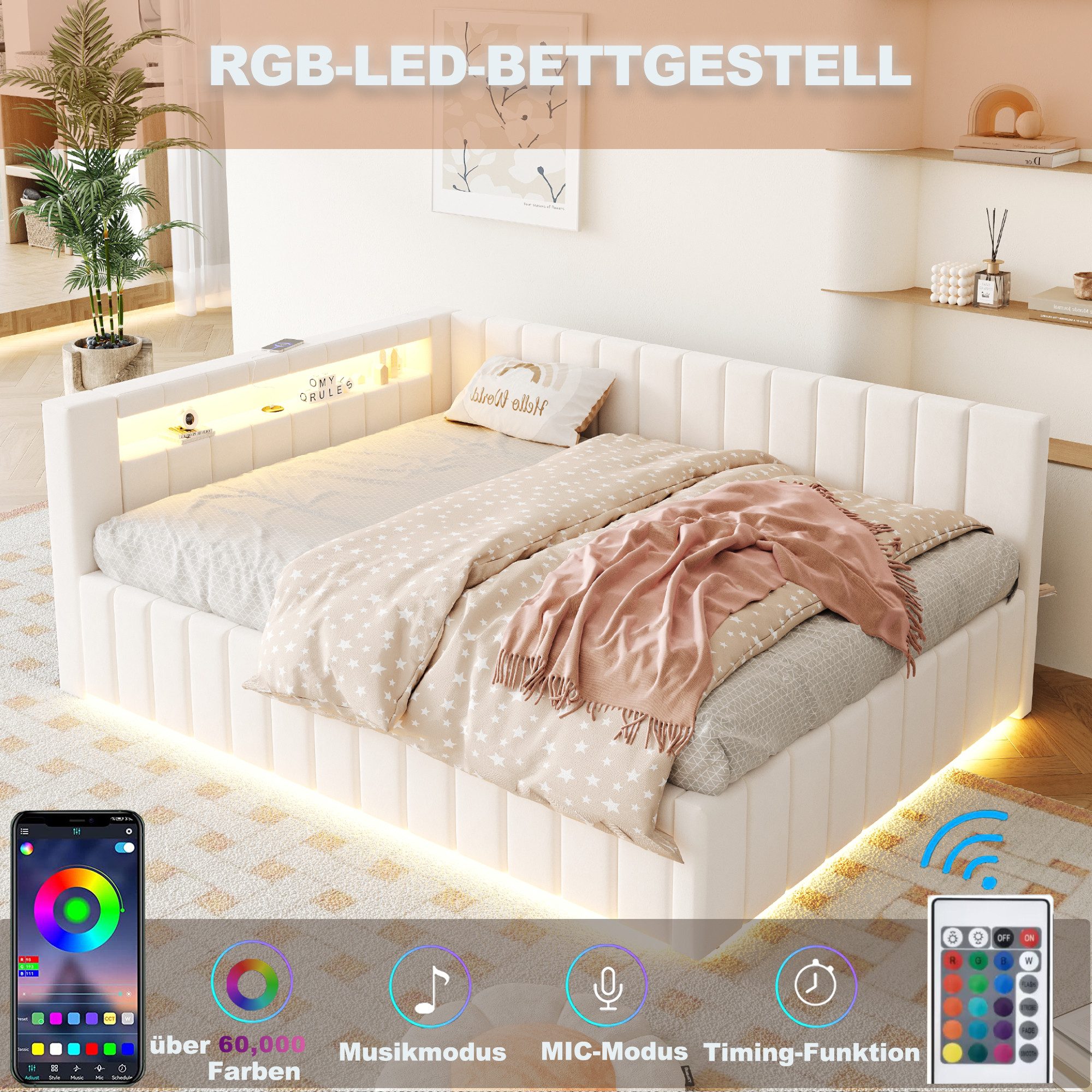 Merax Daybett 140x200 cm mit hydraulischem Stauraum (1 tlg), Polsterbett Tagesbett Schlafsofa mit LED, USB & Rückenlehne, Samt – Bild 5 von 5